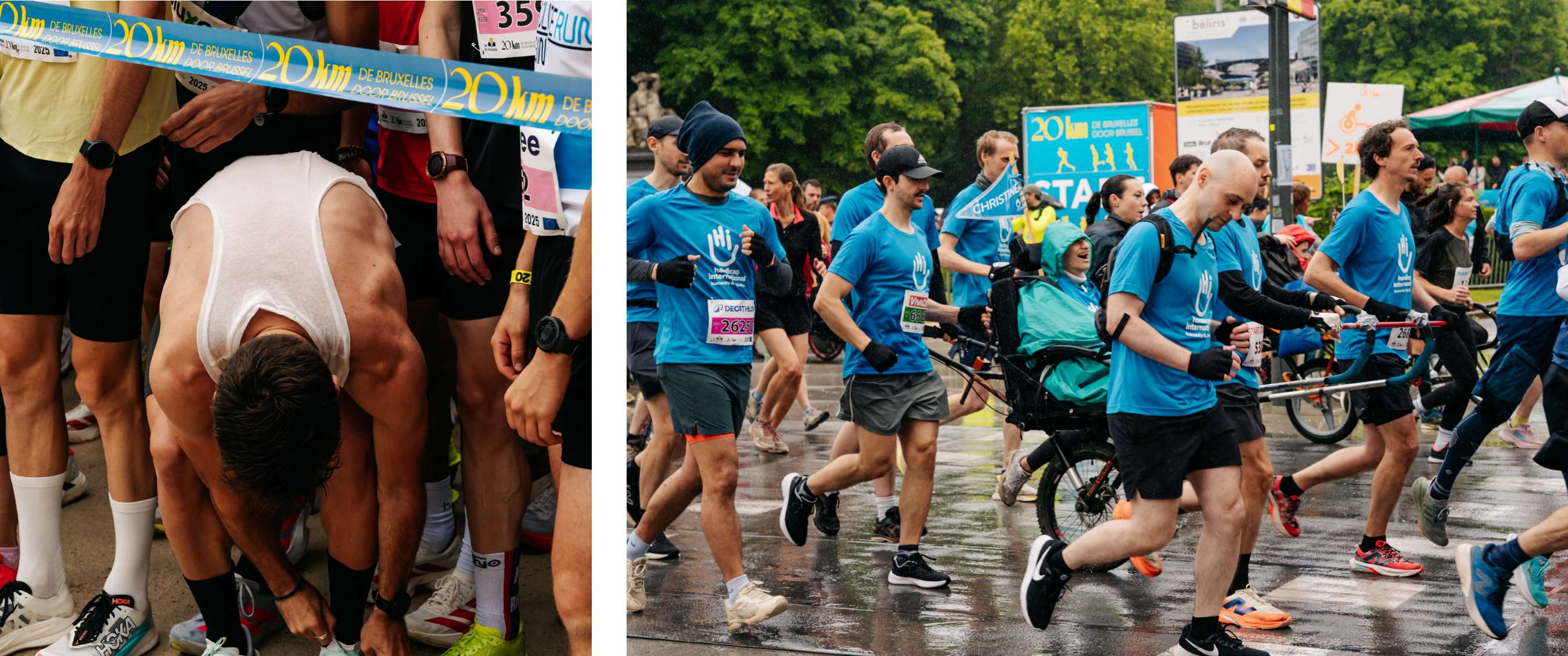 Deux images : détail d’un participant se préparant sur la ligne de départ des 20 km de Bruxelles ; coureurs en t-shirts bleus prenant le départ ensemble à Bruxelles