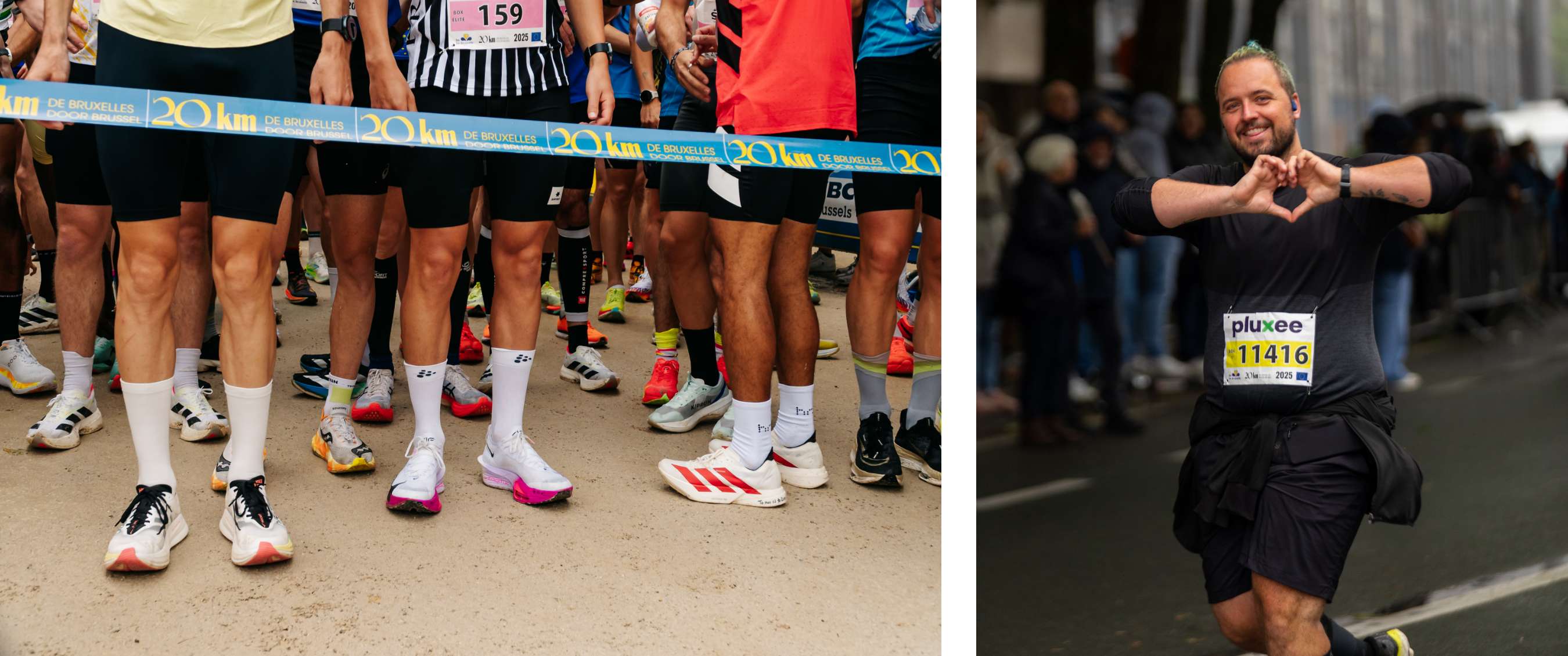 Deux images : jambes et chaussures de course des participants derrière le ruban de départ des 20 km de Bruxelles ; coureur avec le dossard 11416 faisant un geste en forme de cœur vers le public
