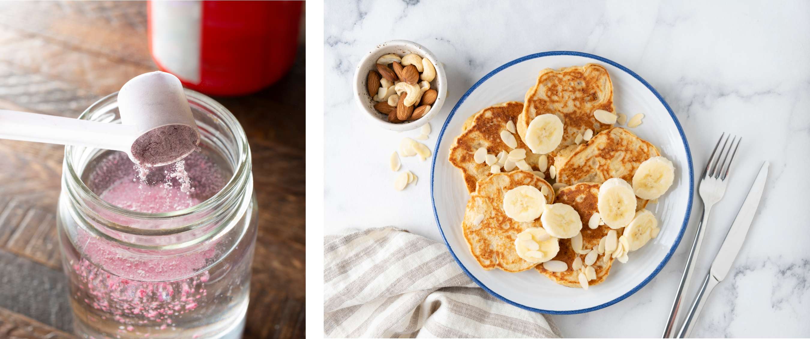 Deux images : poudre complémentaire dans de l’eau ; assiette de pancakes, banane et noix sur une table