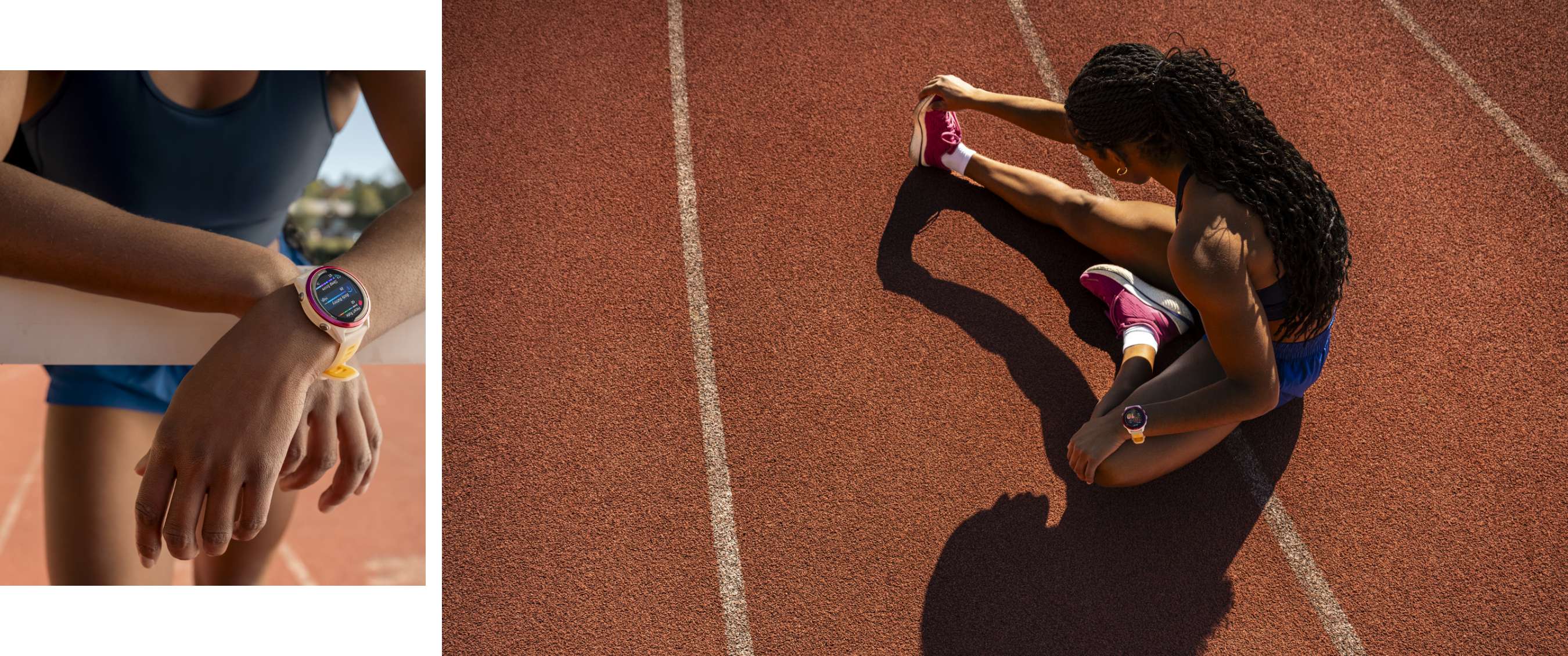 Deux images : montre de sport au poignet sur une piste ; sportive étire sa jambe sur la piste.