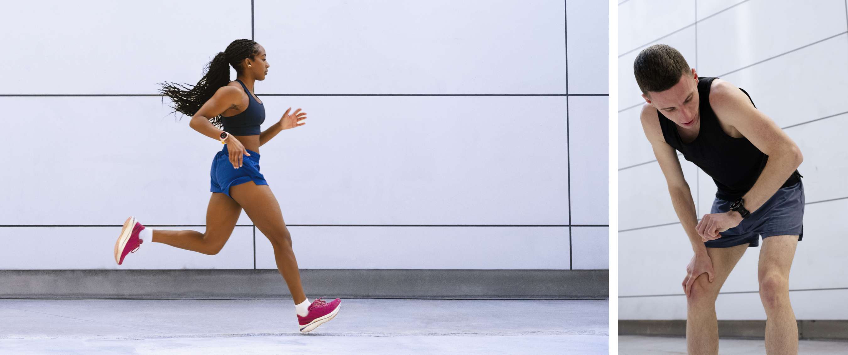 Deux images : coureuse avec montre de sport en mouvement ; coureur fait une pause près d’un mur blanc.