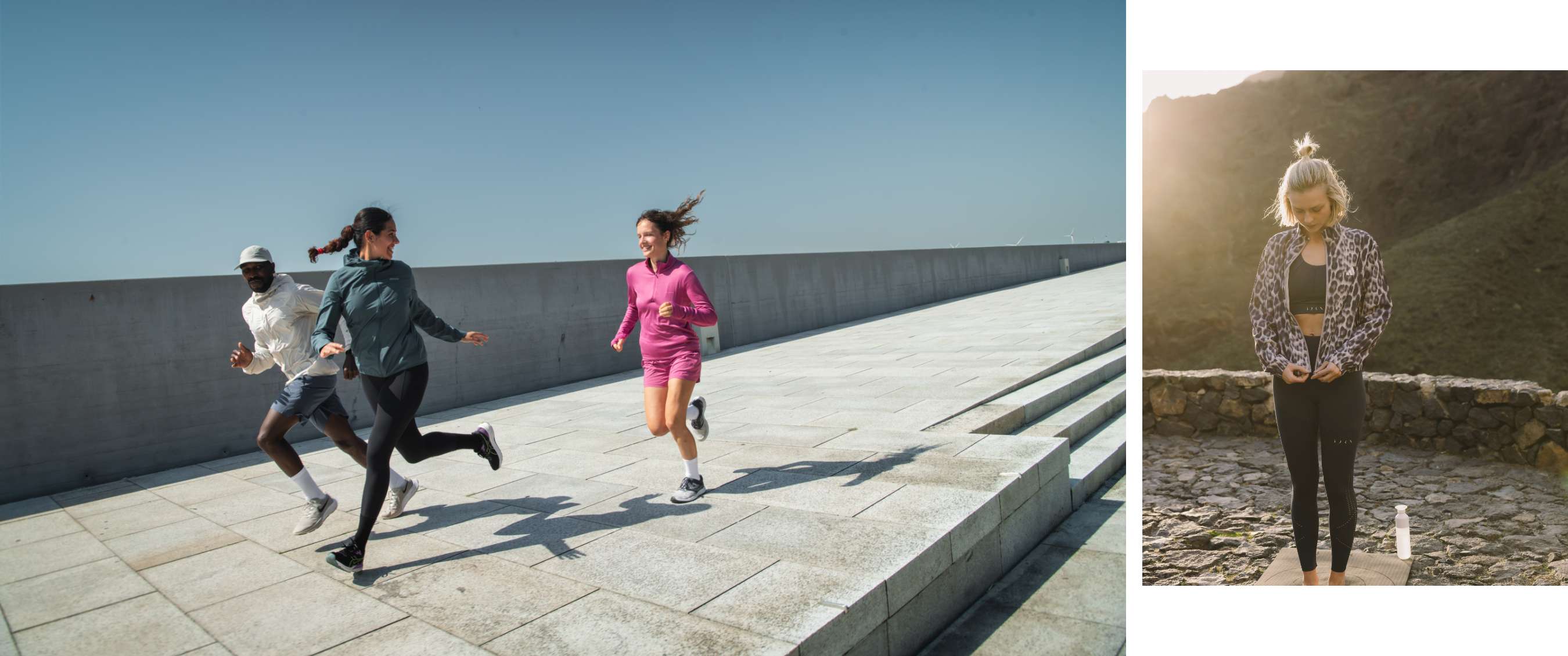 Deux images : deux coureurs en tenue de sport ; femme en veste léopard sur un tapis.