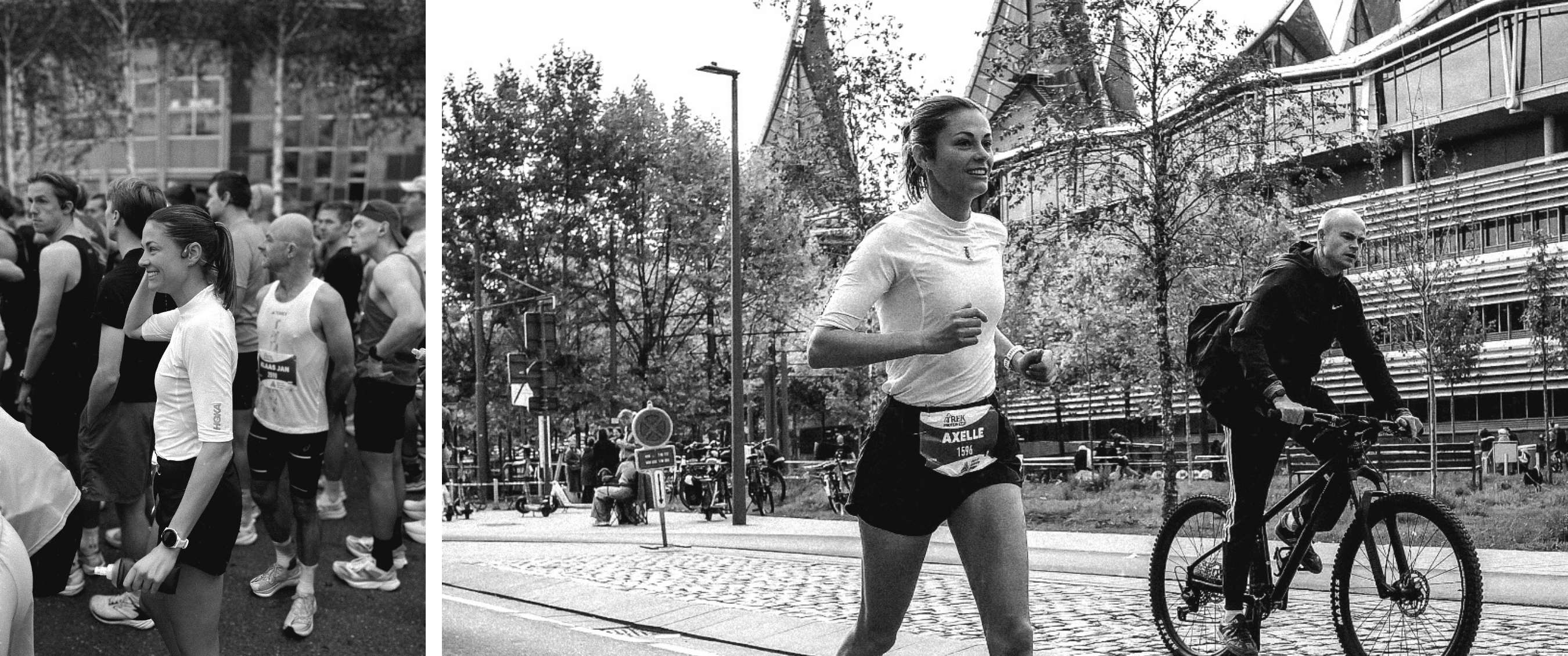 Deux images : groupe de coureurs avant la course et Axelle pendant une course en ville.