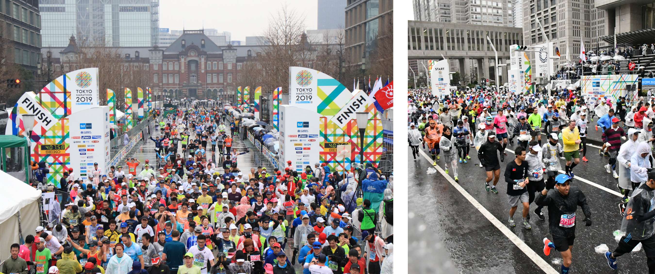 Deux images : des marathoniens franchissent l’arche d’arrivée du Tokyo Marathon 2019 ; moment du départ d’un marathon urbain à Tokyo avec une forte participation