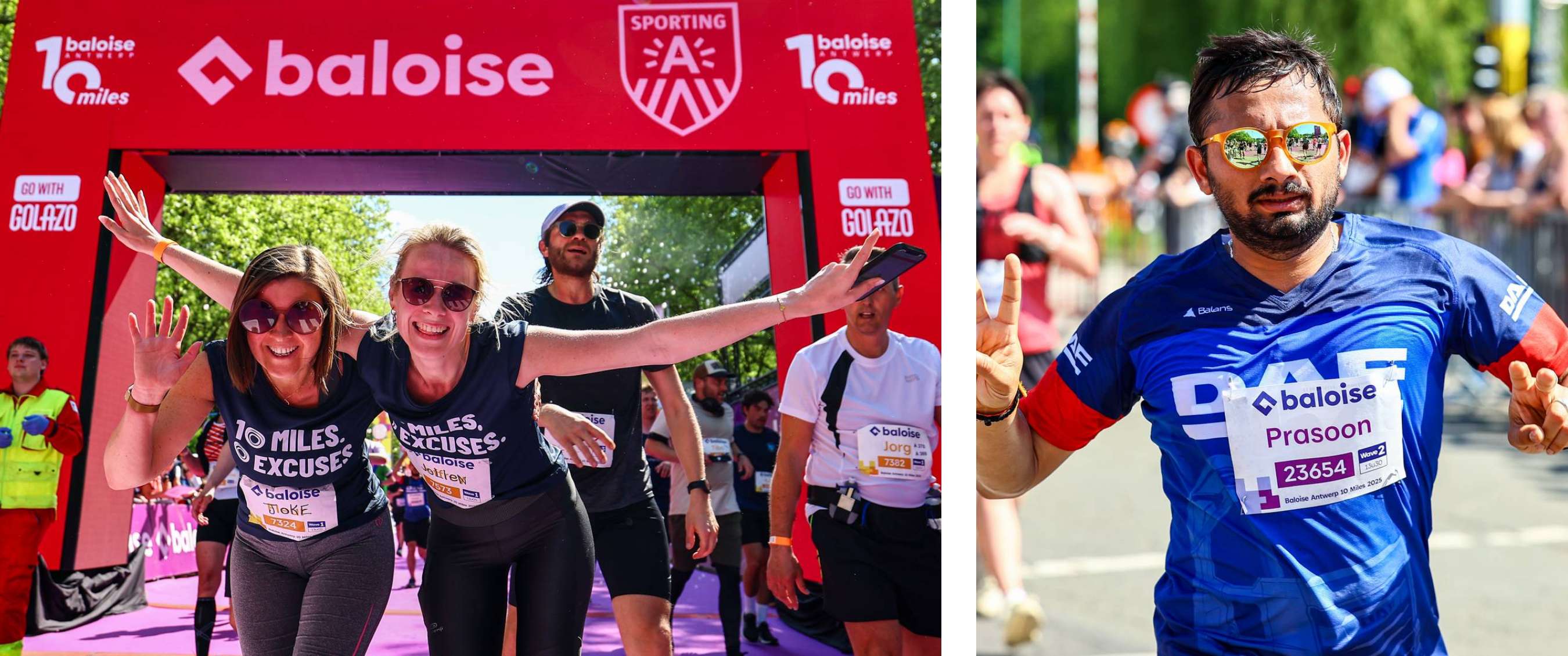 Deux images : Arrivée sous arche rouge « baloise 10 miles » ; coureur en t-shirt bleu avec dossard visible.
