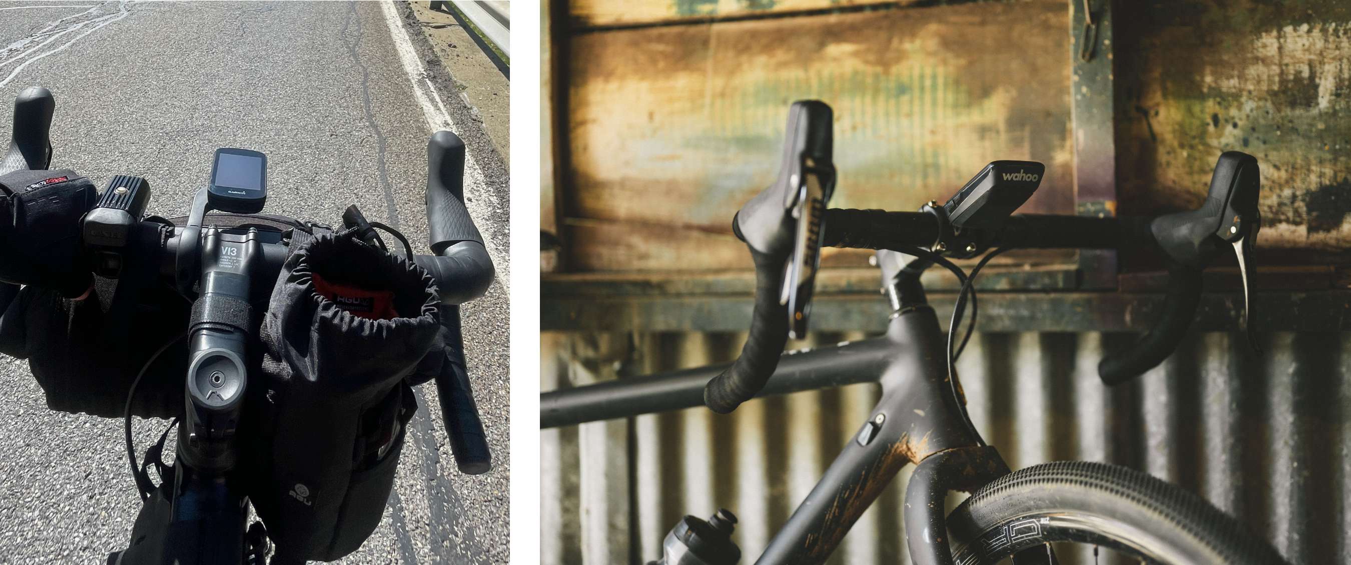 Deux images : guidon de vélo avec gps pendant une sortie sur route ; gros plan sur un vélo de route avec gps devant une paroi métallique.