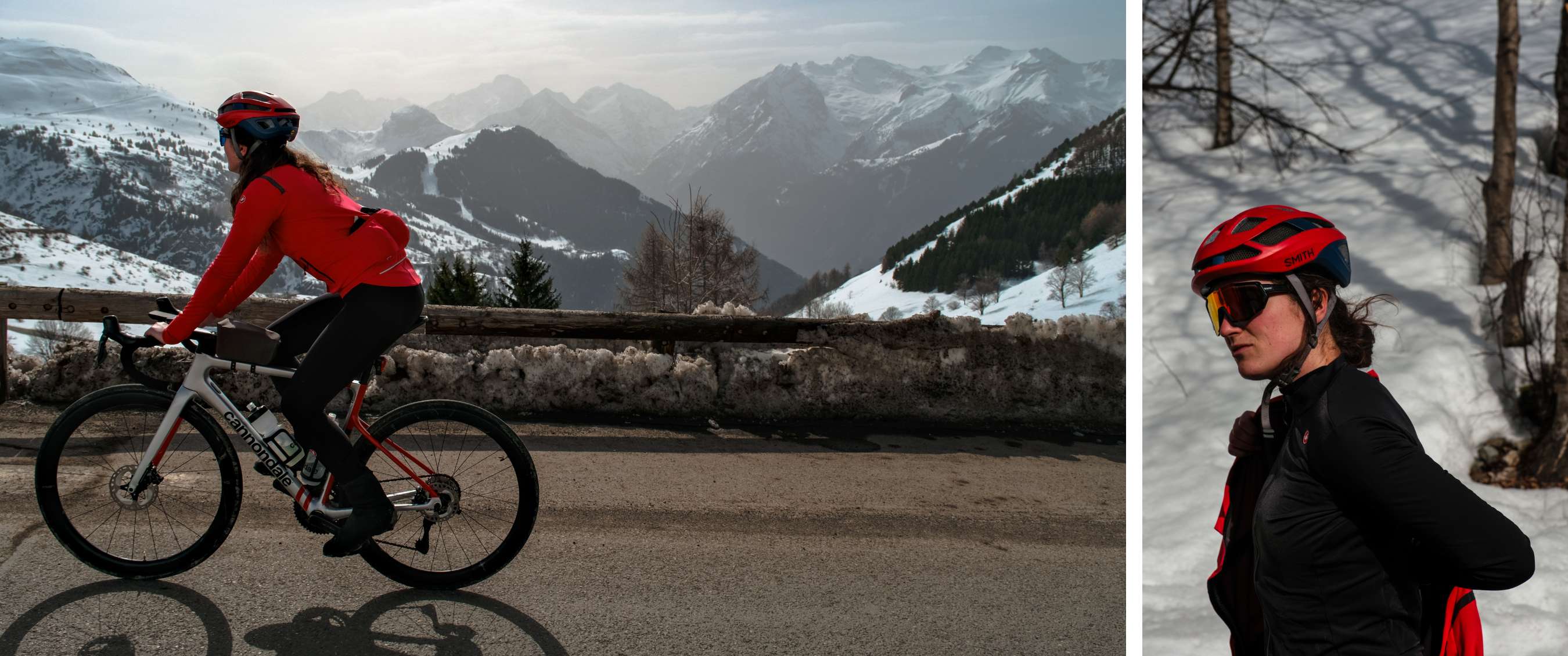 Twee beelden: mist trekt door een rotsachtig berglandschap; koe staat in een weide met bomen.