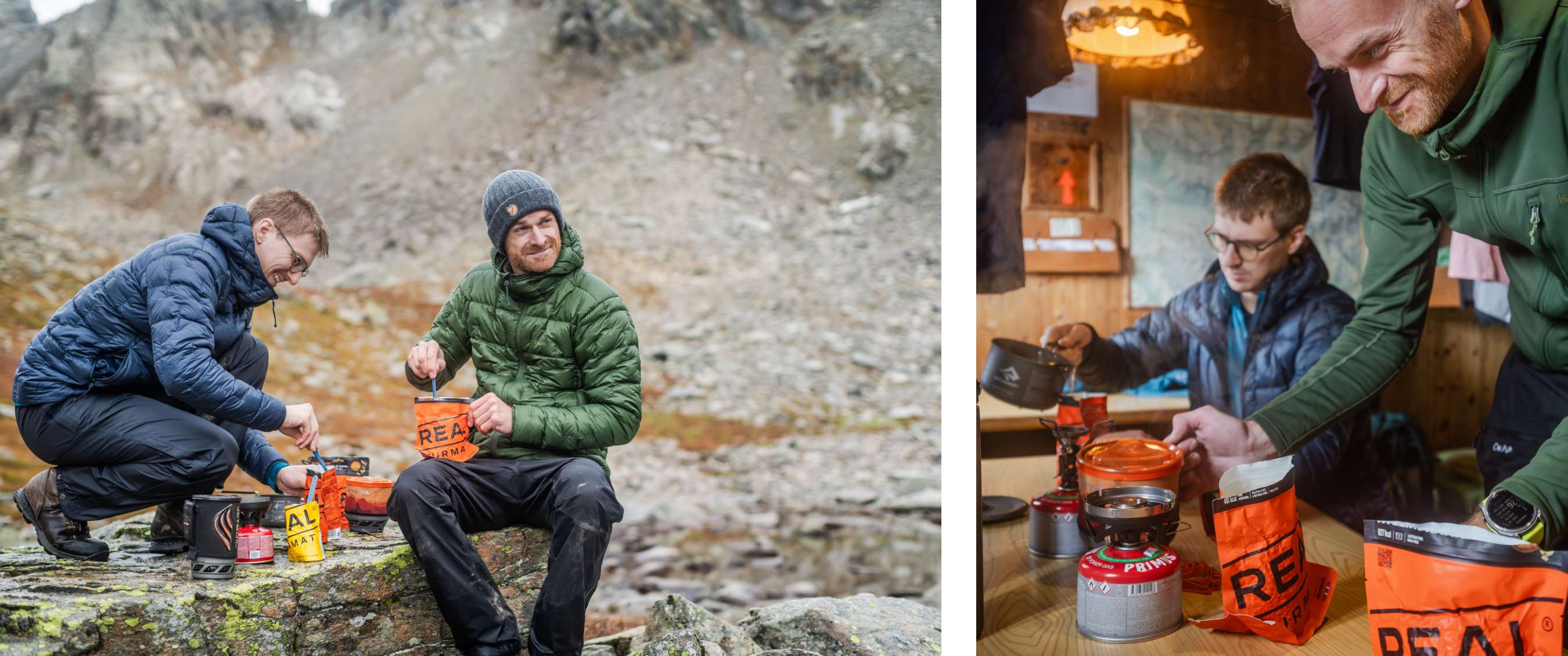 Deux images : deux personnes préparent un repas chaud avec du matériel de cuisine outdoor sur un terrain rocheux ; à l’intérieur, deux personnes cuisinent avec des réchauds à gaz et des emballages portant le texte visible « REAL Turmat ».