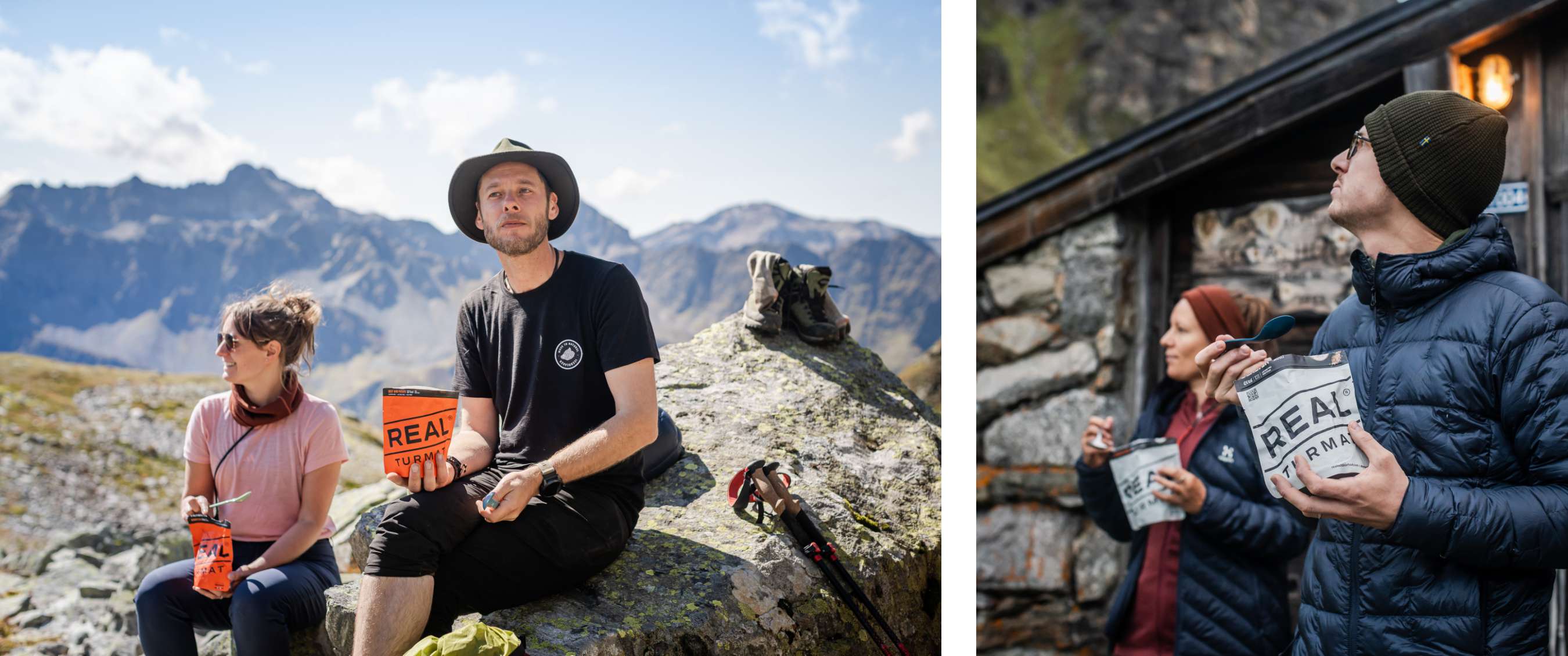 Deux images : deux personnes sont assises sur des rochers en montagne et mangent à partir d’emballages portant le texte visible « REAL Turmat » ; à côté, deux personnes mangent dehors près d’un bâtiment en pierre avec des sachets « REAL Turmat ».
