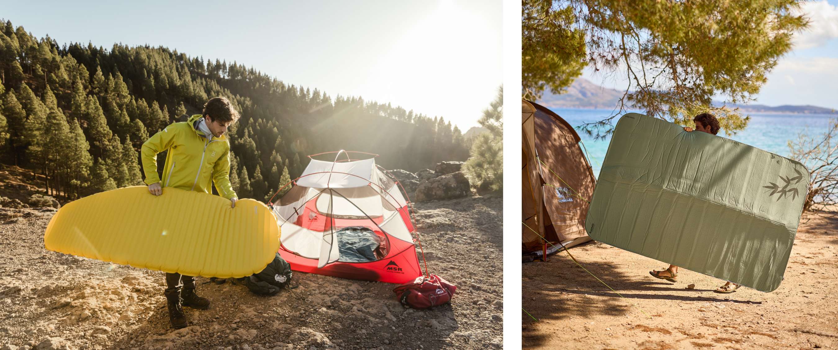 Deux images : matelas de sol déplié à côté d’une tente rouge ; personne marchant avec un matelas de sol vert entre les arbres