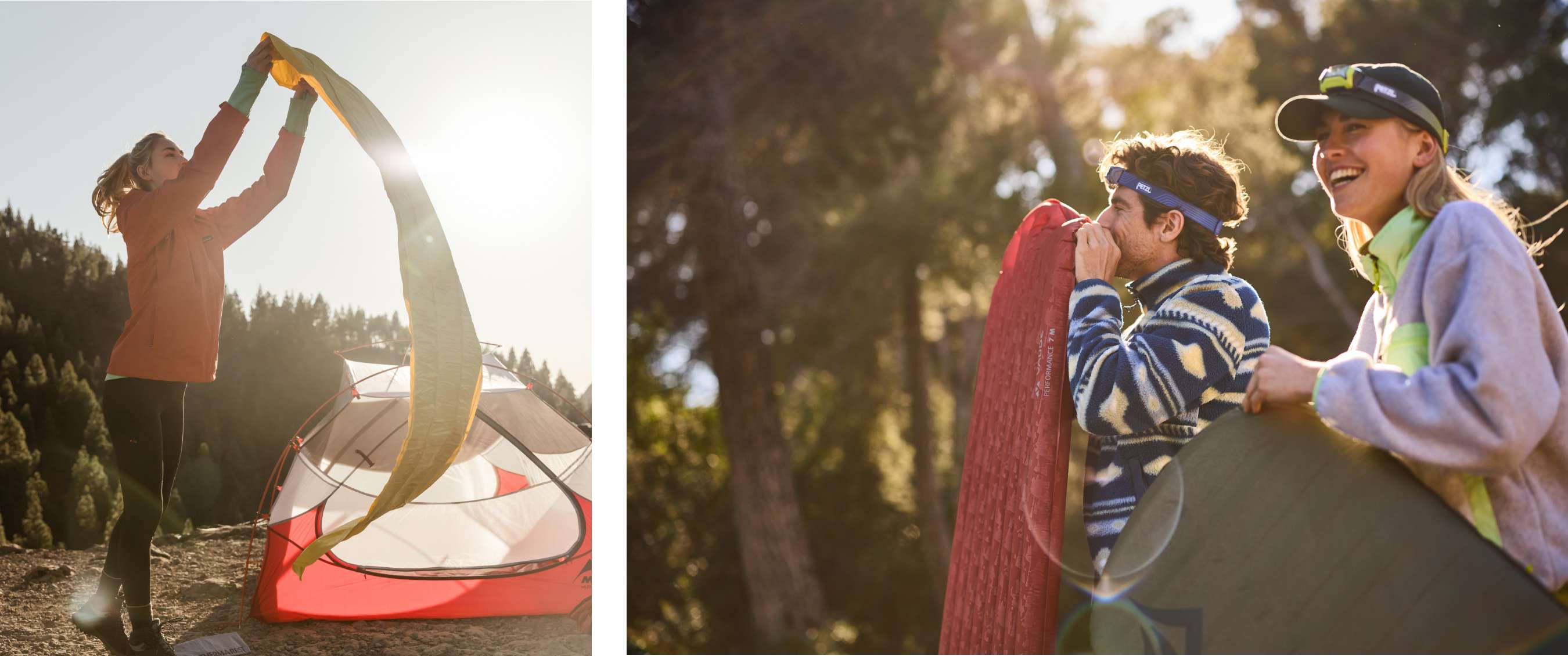 Deux images : matelas de sol déplié sur un emplacement de camping ; deux personnes remplissent un matelas rouge et un vert