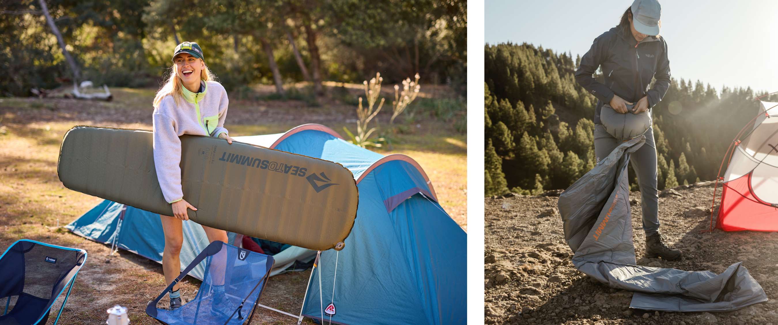 Deux images : femme portant un matelas de sol Sea to Summit près d’une tente bleue ; personne roulant un matelas de sol à côté d’une tente