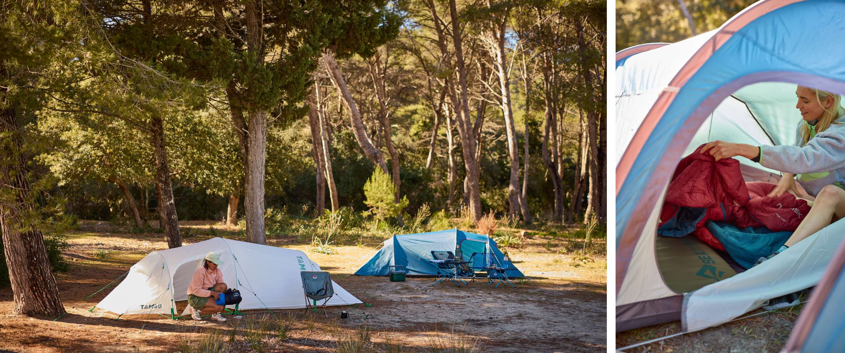Deux images : tentes sur un camping en forêt ; personne rangeant un sac de couchage dans une tente.