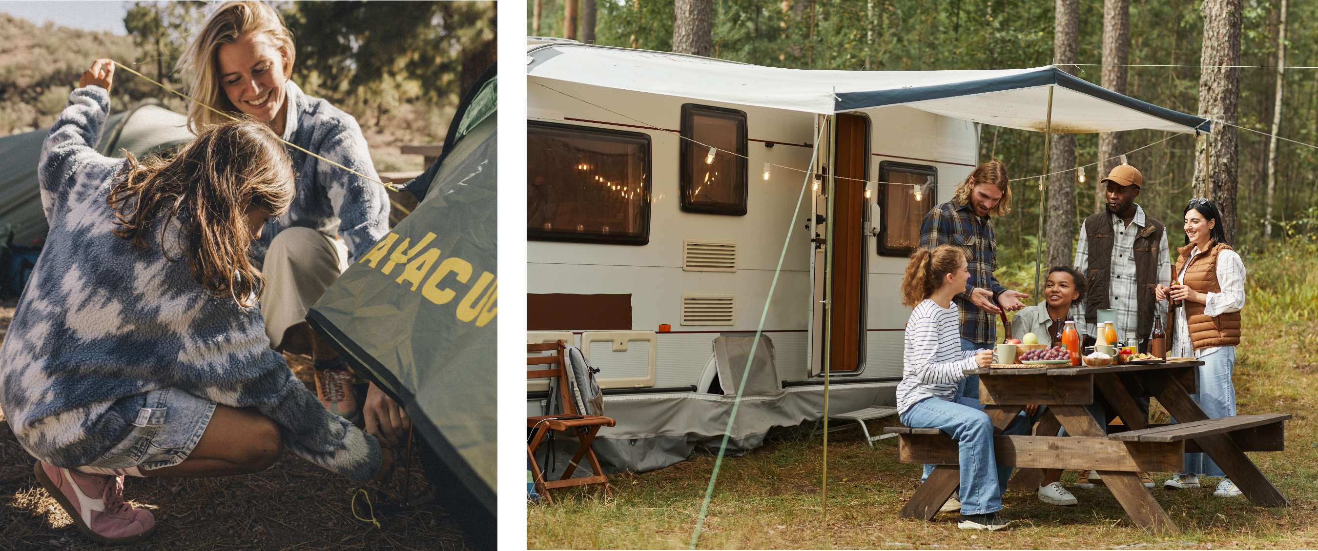 Deux images : deux personnes montent une tente ; groupe autour d’une table de pique-nique près d’une caravane.