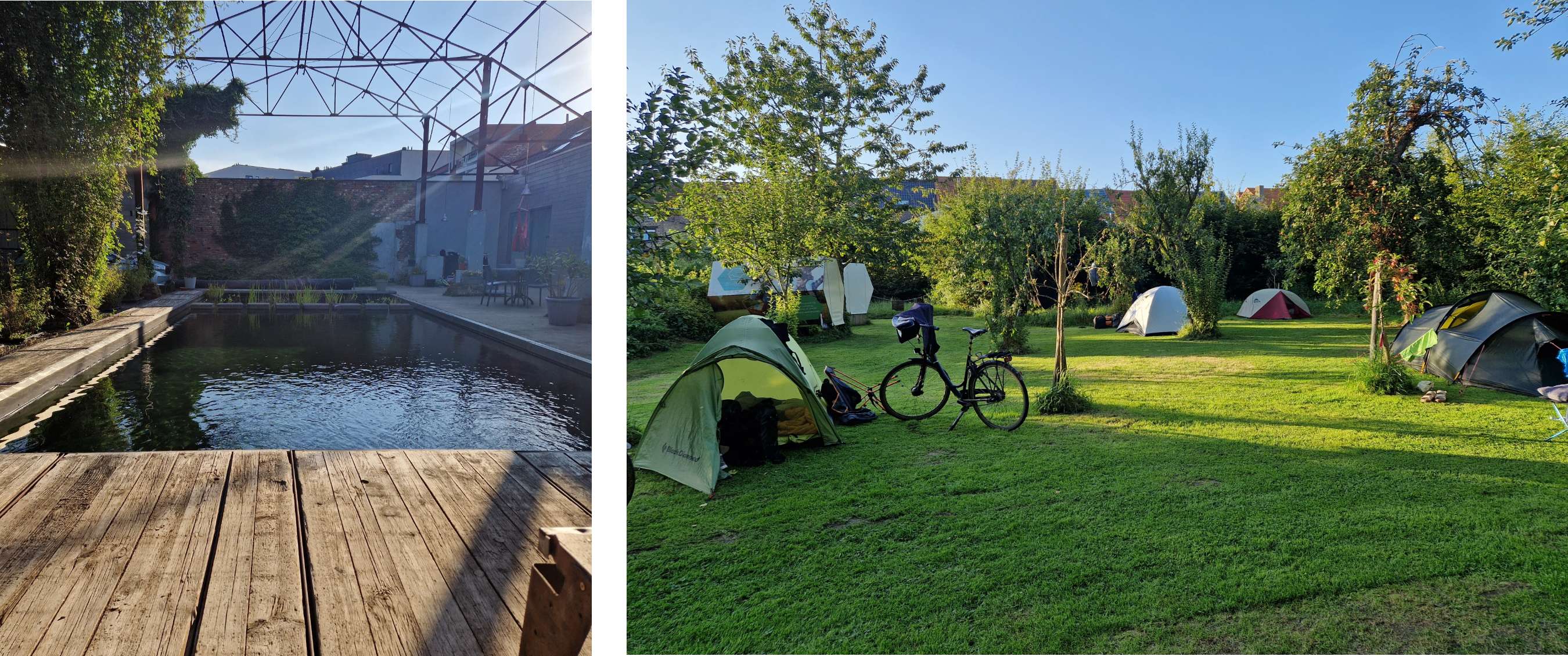 Deux images : camping urbain avec longue piscine dans une cour intérieure ; camping verdoyant avec tentes et vélo sur l’herbe.
