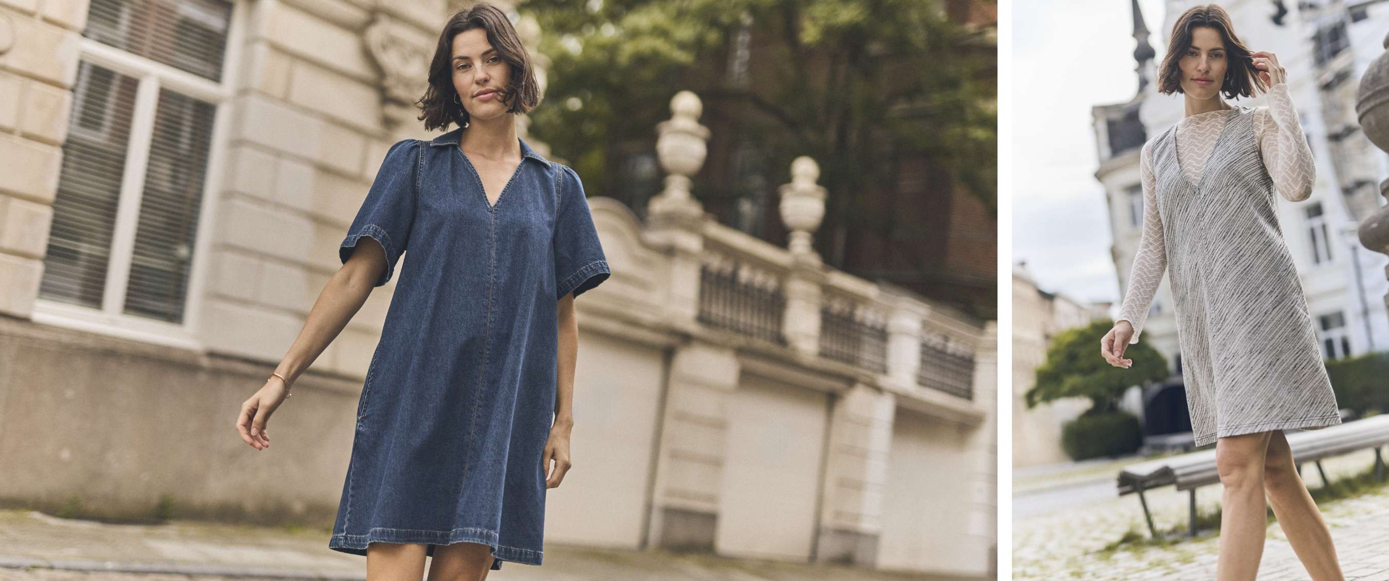 Une personne porte une robe courte en denim bleu avec col et manches courtes en ville.