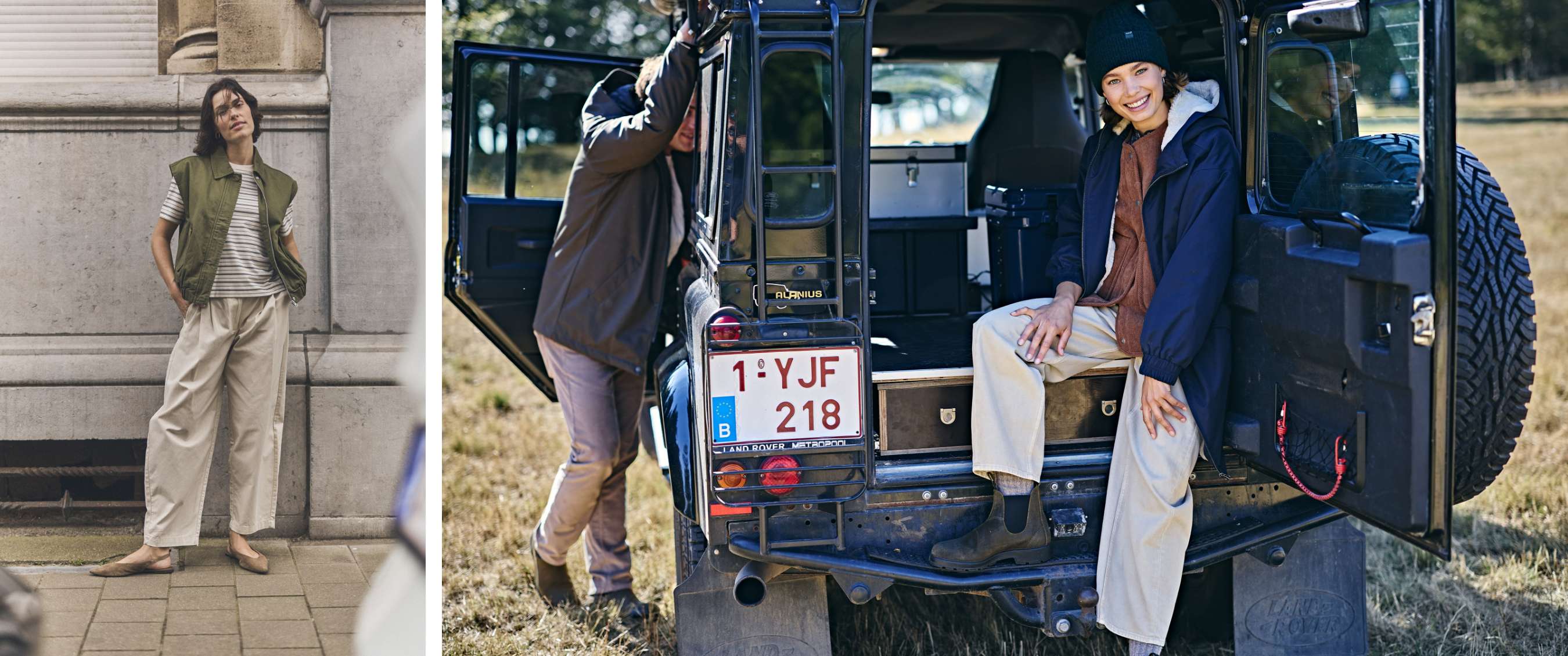 Une femme porte un pantalon beige ample, des bottines et une veste bleue près d'un véhicule tout-terrain ouvert.