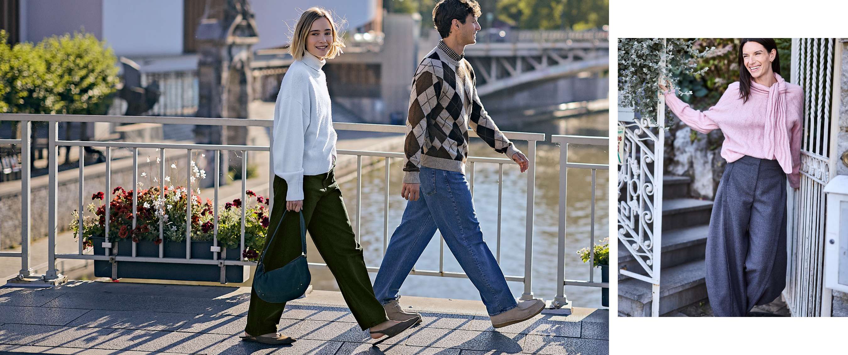 Une femme en col roulé blanc et pantalon vert marche sur un pont avec un homme en jean et pull à losanges.
