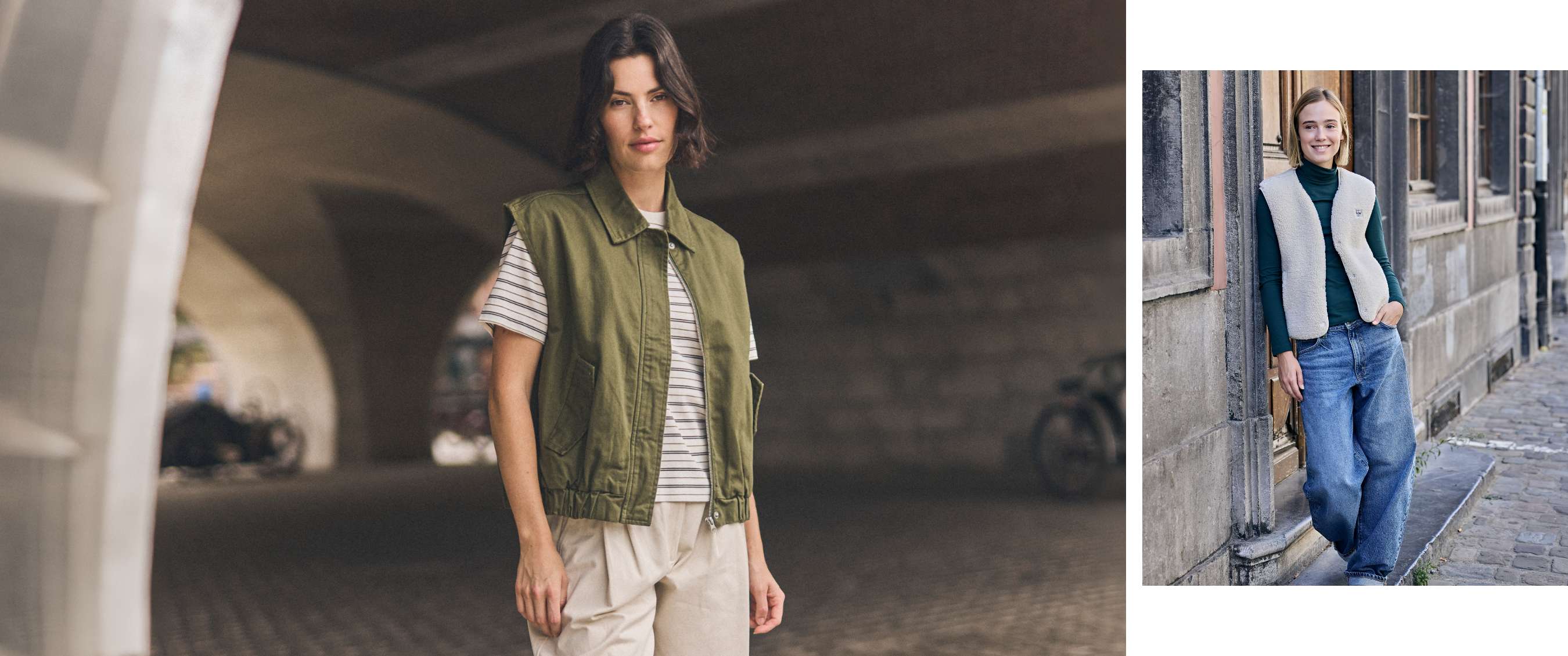 Un gilet vert sans manches à poches associé à un T-shirt rayé et un pantalon beige.