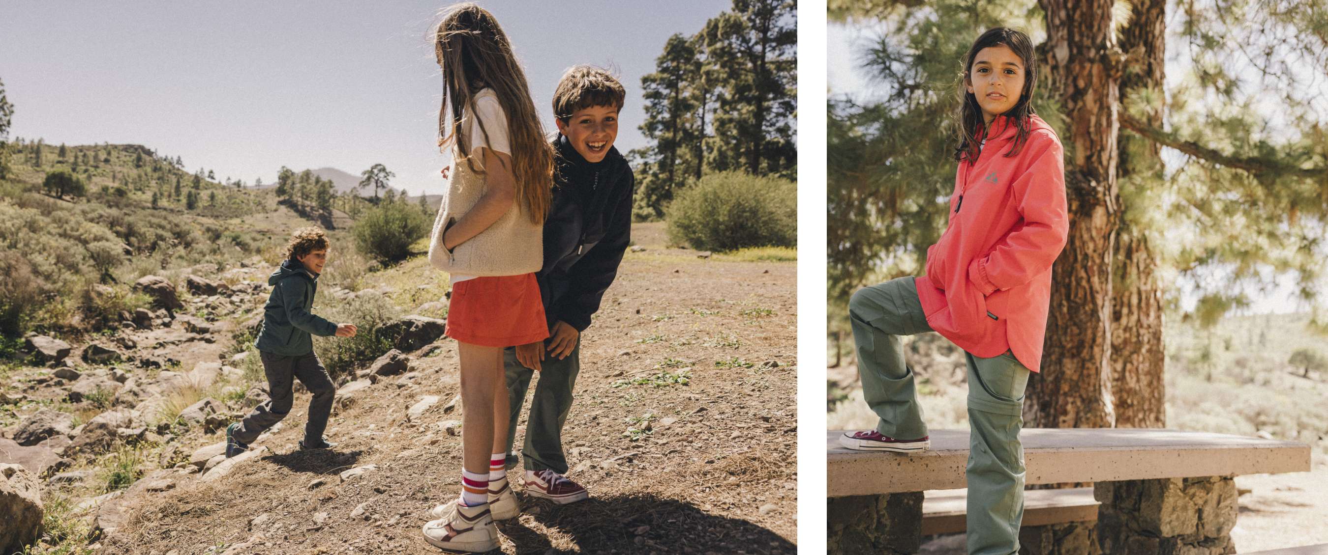 Deux images : des enfants marchent et jouent sur un sentier forestier rocheux ; un enfant se tient sur un banc en bois dans la forêt.