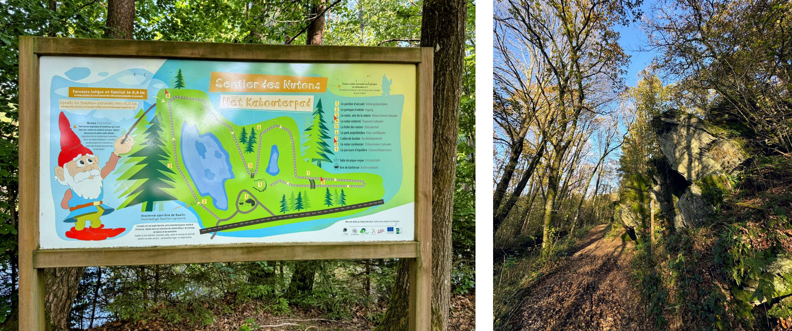 Deux images : carte du parcours « Sentier des Nutons » sur un cadre en bois en forêt ; sentier ombragé avec paroi rocheuse et feuilles au sol.