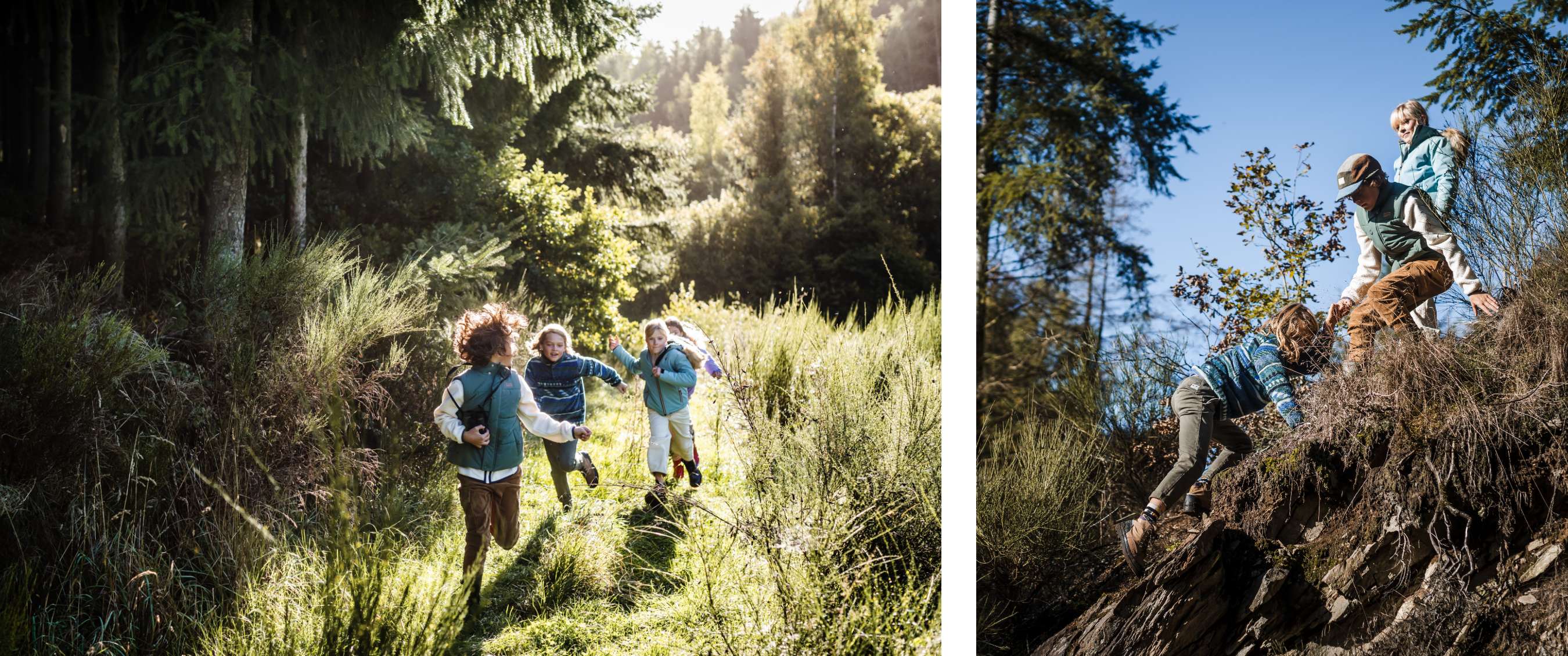 Deux images : des enfants se déplacent dans une zone boisée ouverte et ensoleillée ; des enfants s’entraident pour escalader une colline.