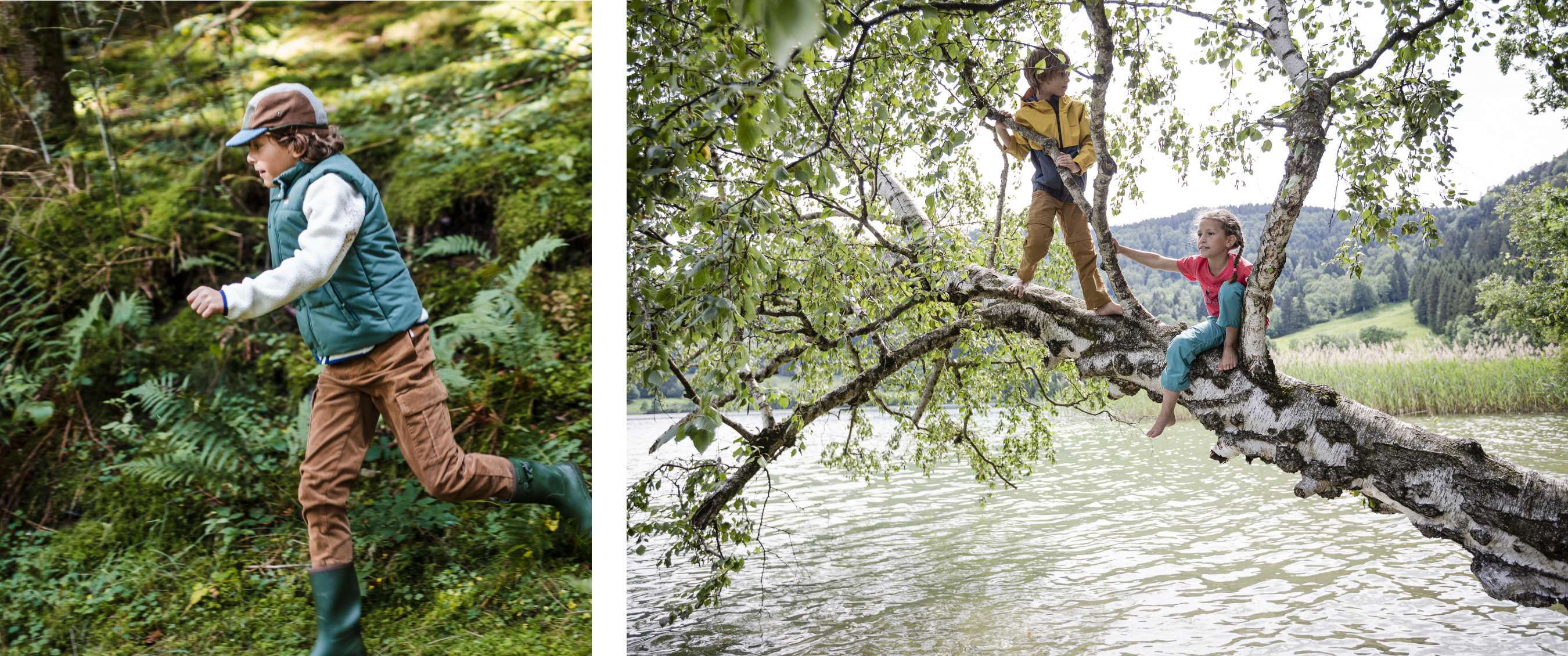 Deux images : un enfant court dans une forêt verdoyante avec des fougères et de la mousse ; deux enfants sont assis et debout sur un tronc incliné au-dessus de l’eau.