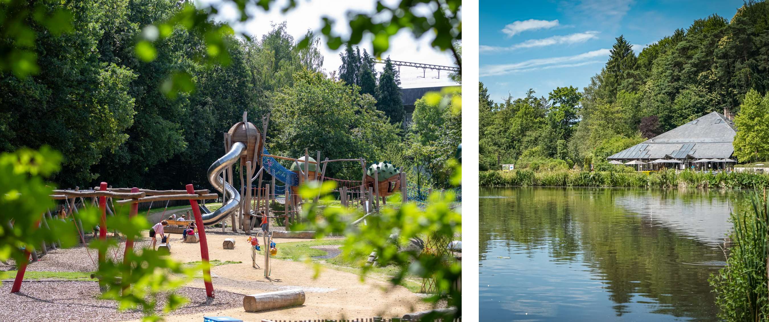 Deux images : aire de jeux extérieure avec balançoires et installations en bois en forêt ; plan d’eau calme avec terrasse et bâtiment entourés d’arbres.