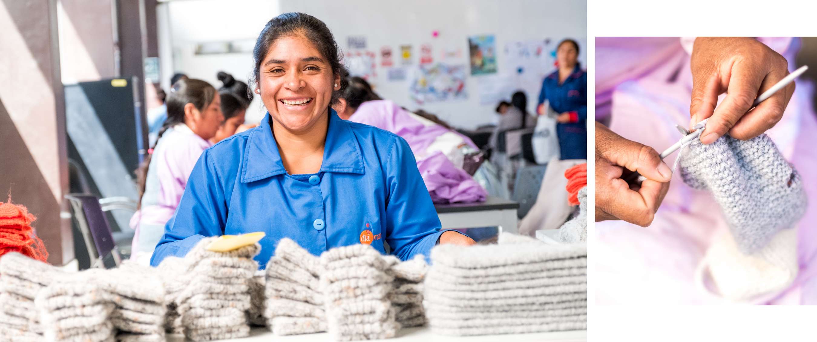 Deux images : créatrice souriante derrière des tricots ; mains tricotant de la laine grise avec des aiguilles.