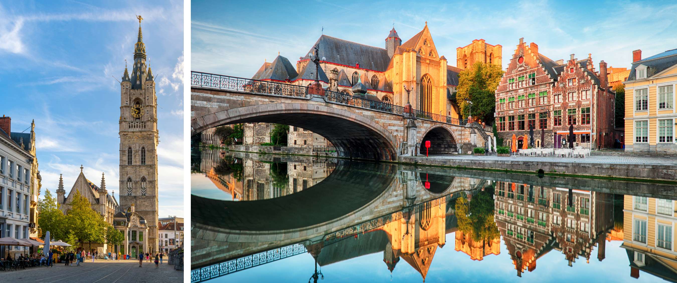 Bâtiments historiques et église derrière un pont avec leur reflet dans l’eau.