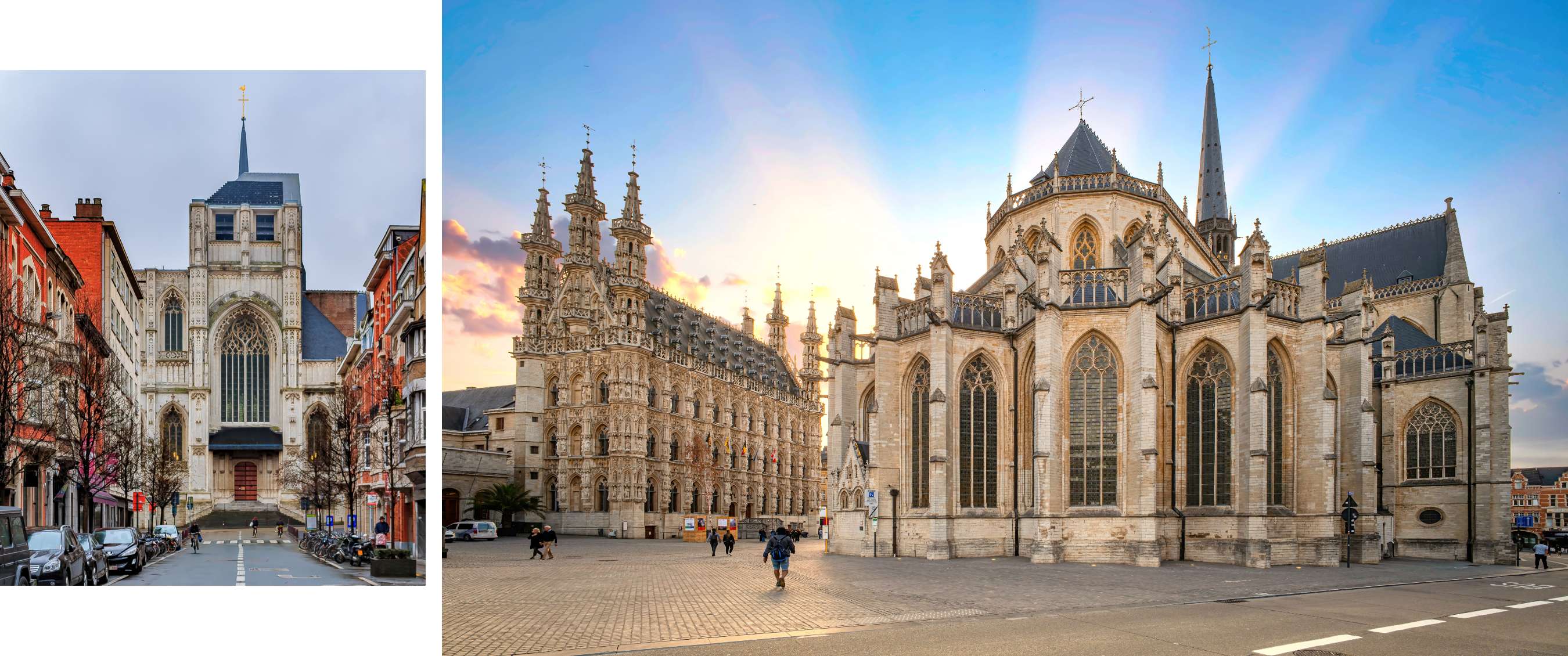 Église gothique et bâtiment historique richement décoré au bord d’une vaste place pavée.
