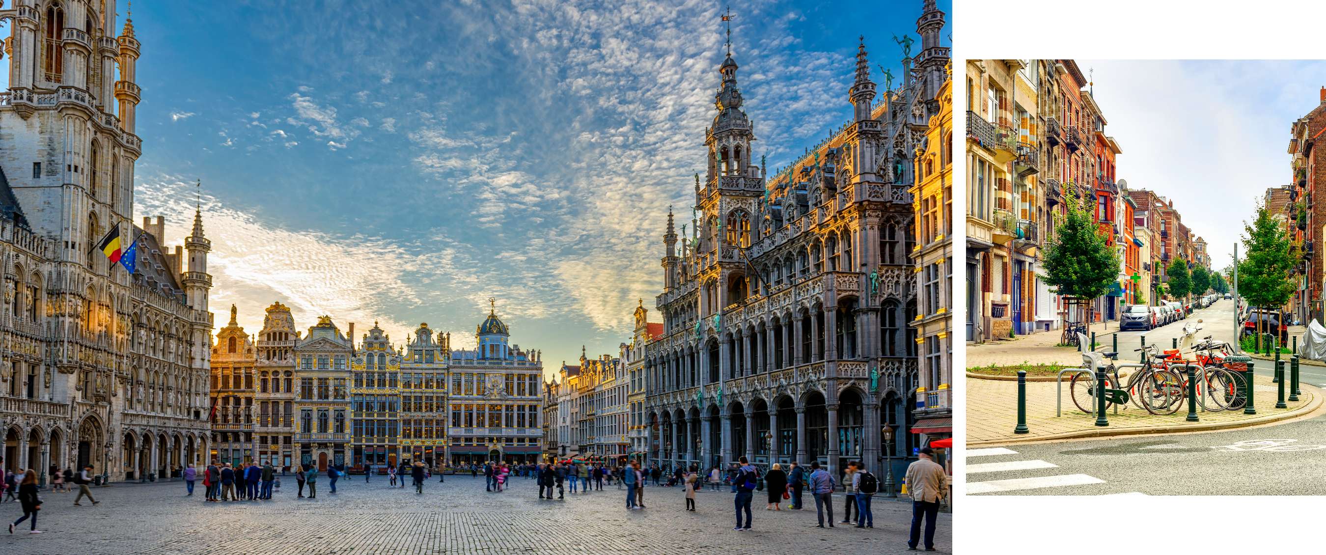 Grande place pavée entourée de façades historiques ornées et d’un hôtel de ville gothique.