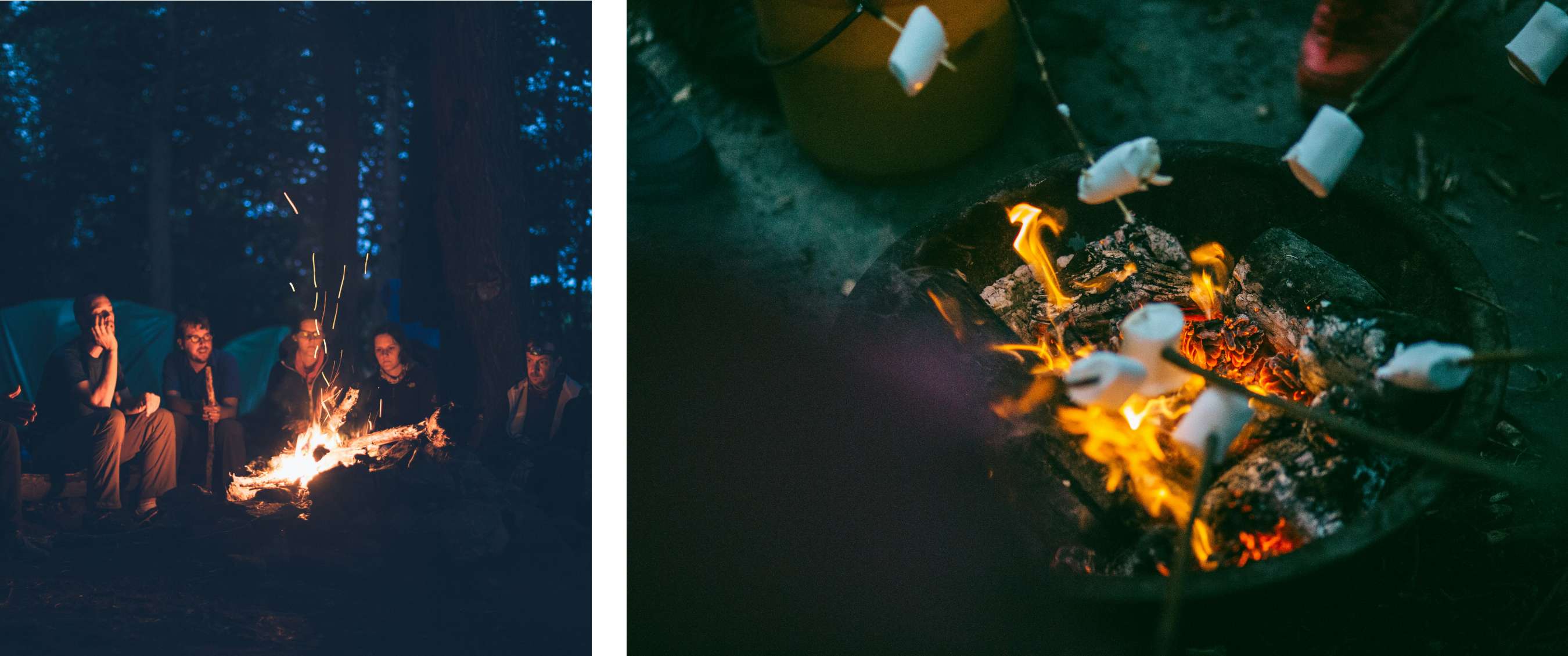 Deux images : amis réunis autour d’un feu crépitant à la tombée de la nuit ; gros plan de marshmallows rôtissant au-dessus du feu.