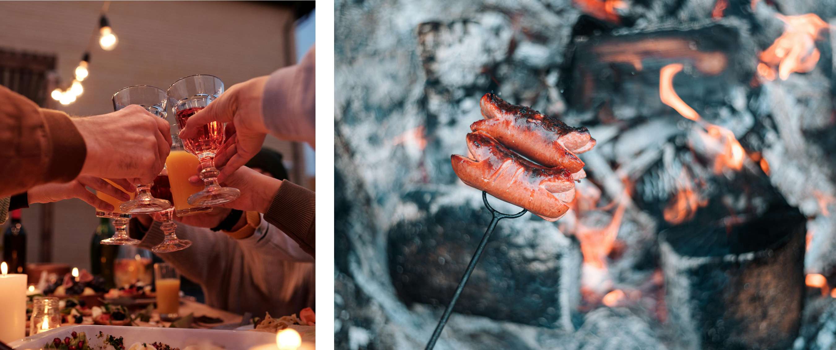 Deux images : Des personnes trinquent autour d’une table extérieure avec nourriture et bougies ; des saucisses grillent au-dessus d’un feu ouvert.