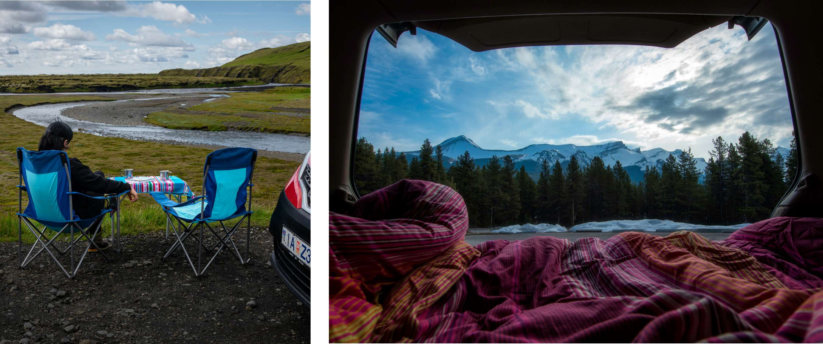 Deux images : personne assise près d’une rivière avec des chaises de camping ; lit dans un van face aux montagnes et à la forêt.
