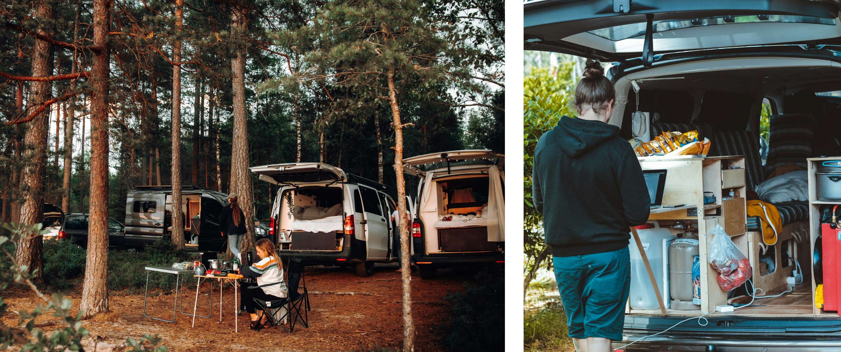 Deux images : des vans sont garés entre les pins ; personne devant une cuisine de van ouverte.