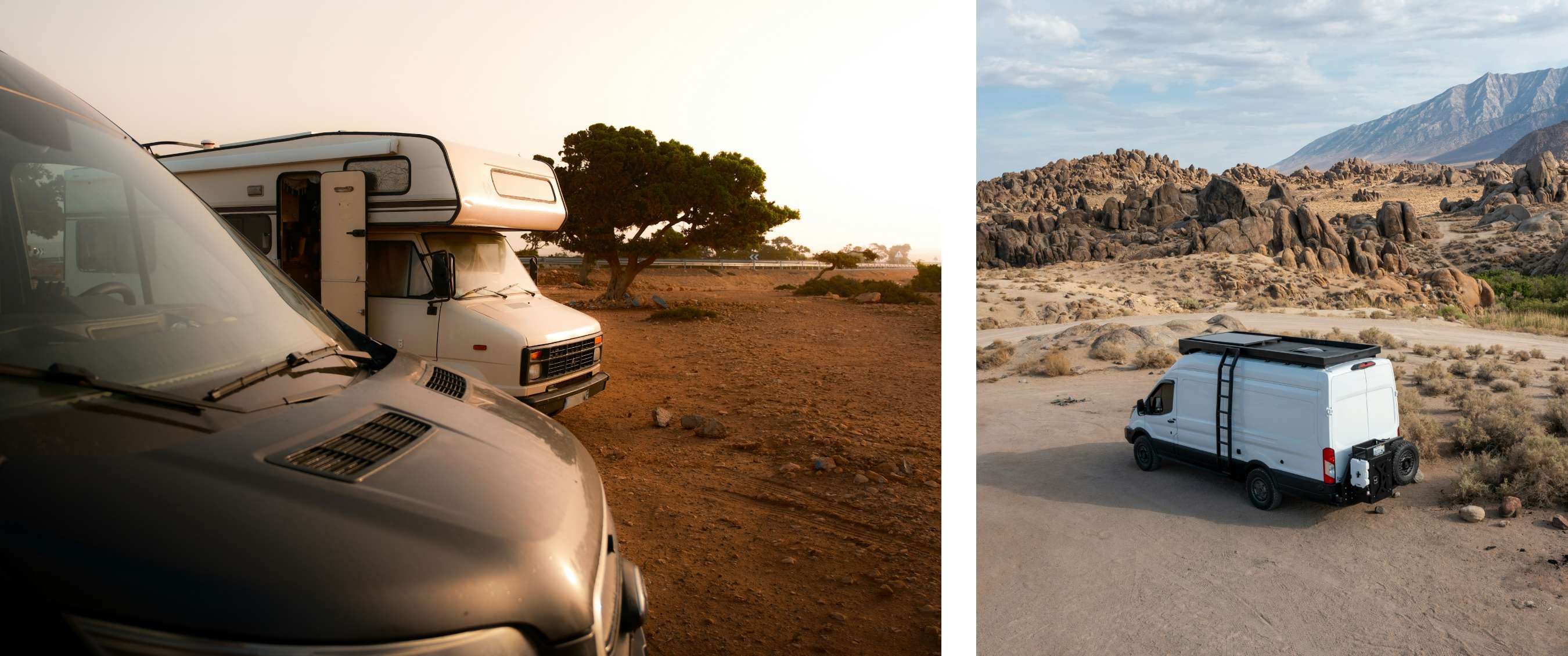 Deux images : deux camping-cars sur un sol sableux près d’un arbre ; van garé entre rochers et montagnes.