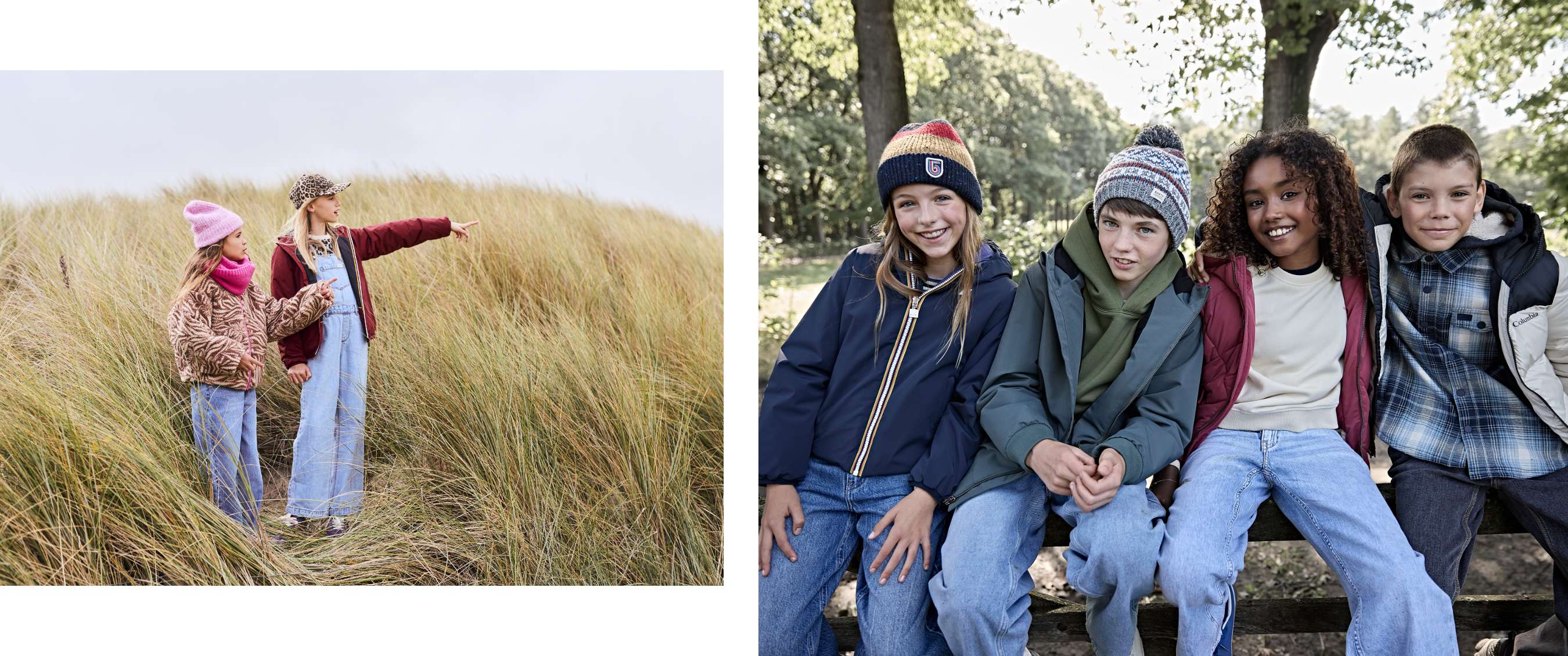 Deux images : deux filles en vêtements chauds dans un paysage de dunes ; quatre enfants posant sur un banc sous les arbres.
