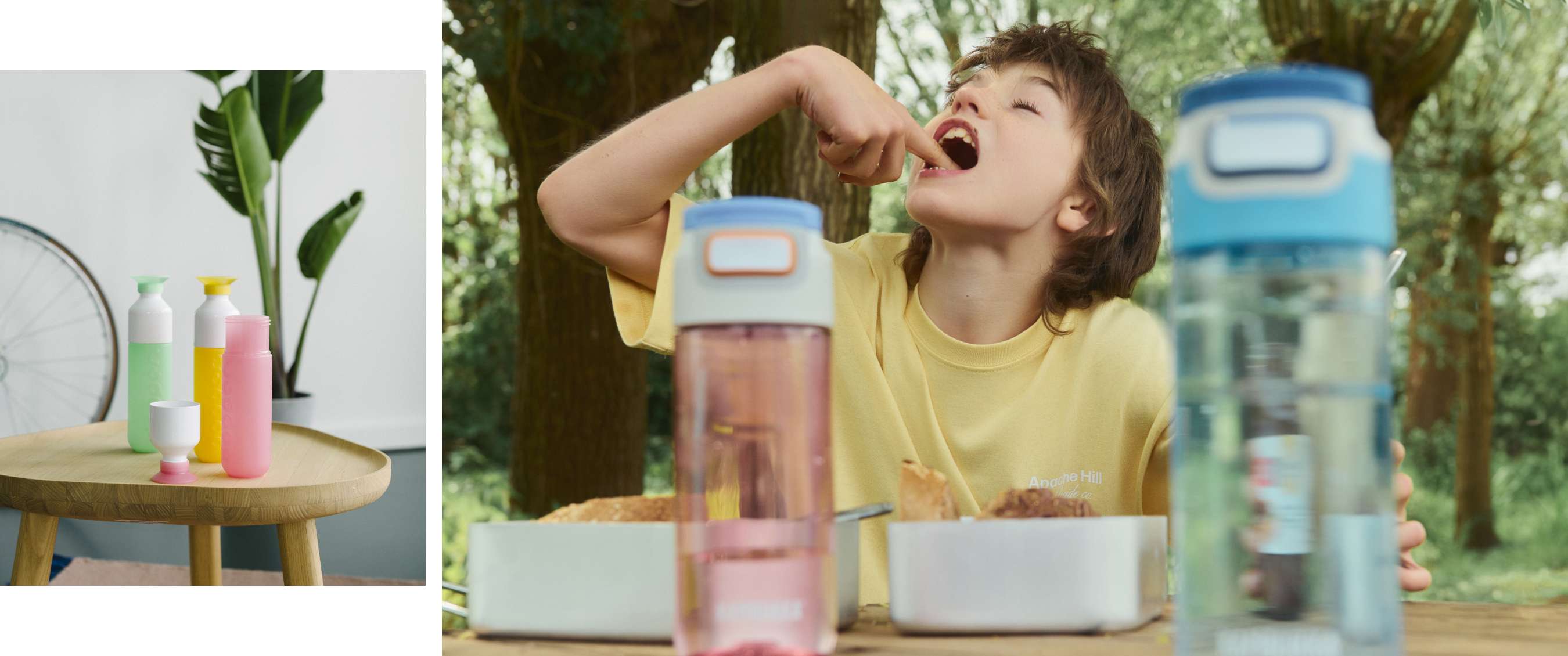 Deux images : gourdes réutilisables sur table en bois et enfant à table avec boîte repas.
