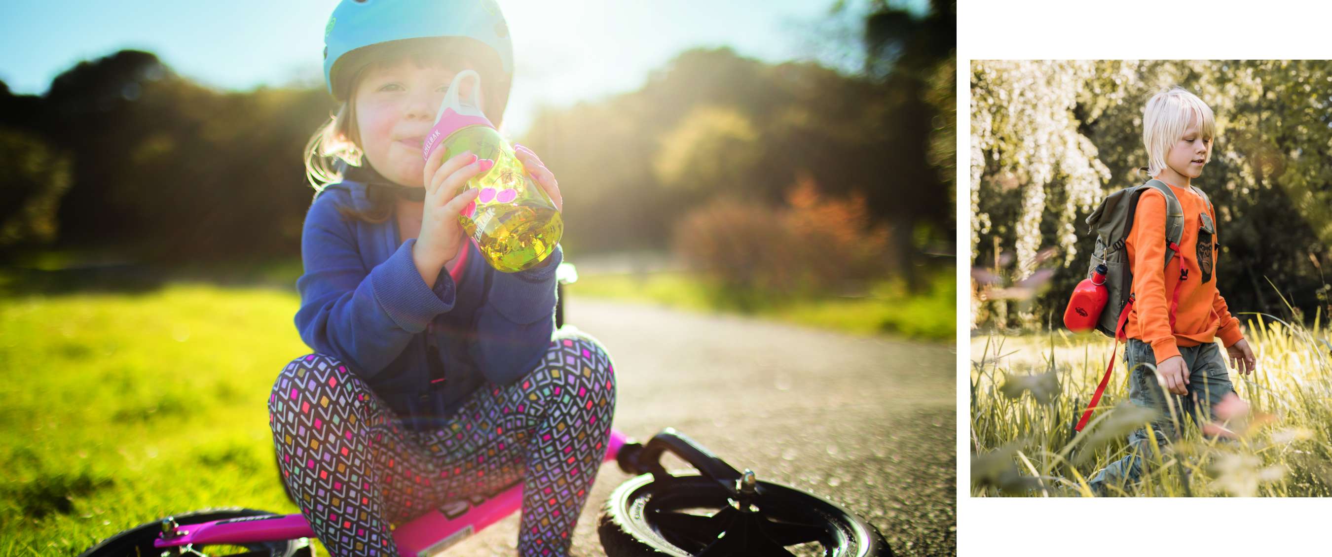 Deux images : enfant buvant à une gourde avec casque de vélo et enfant marchant avec gourde rouge au sac.