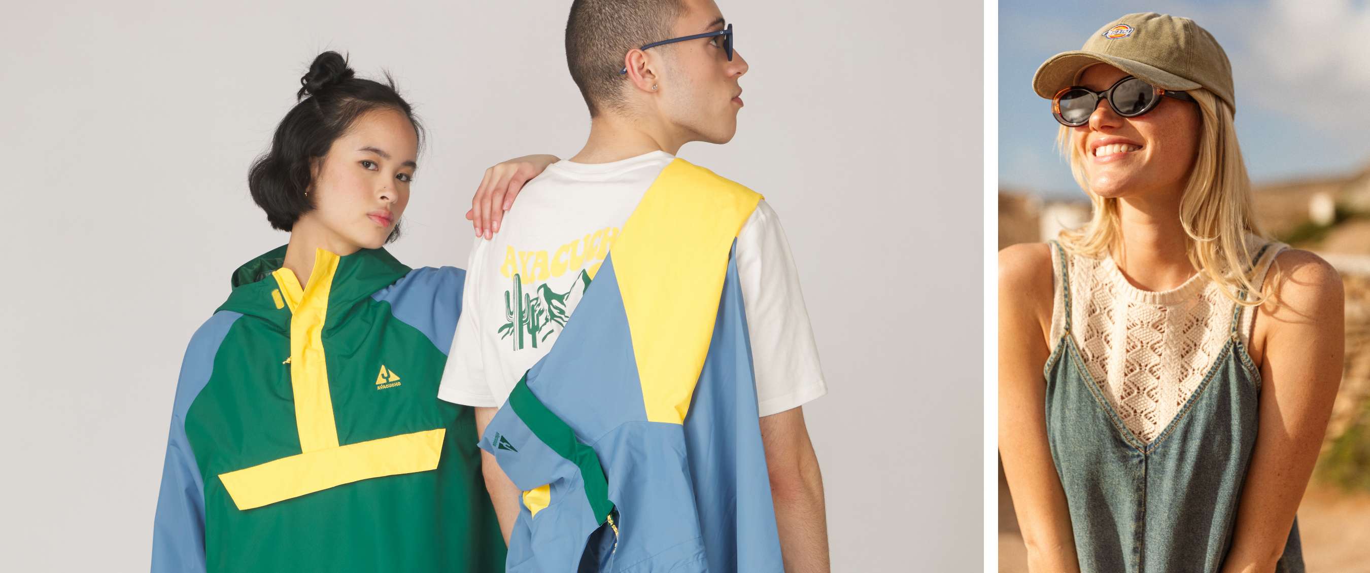 Deux images : modèles en vestes outdoor colorées et personne avec casquette et lunettes au soleil.