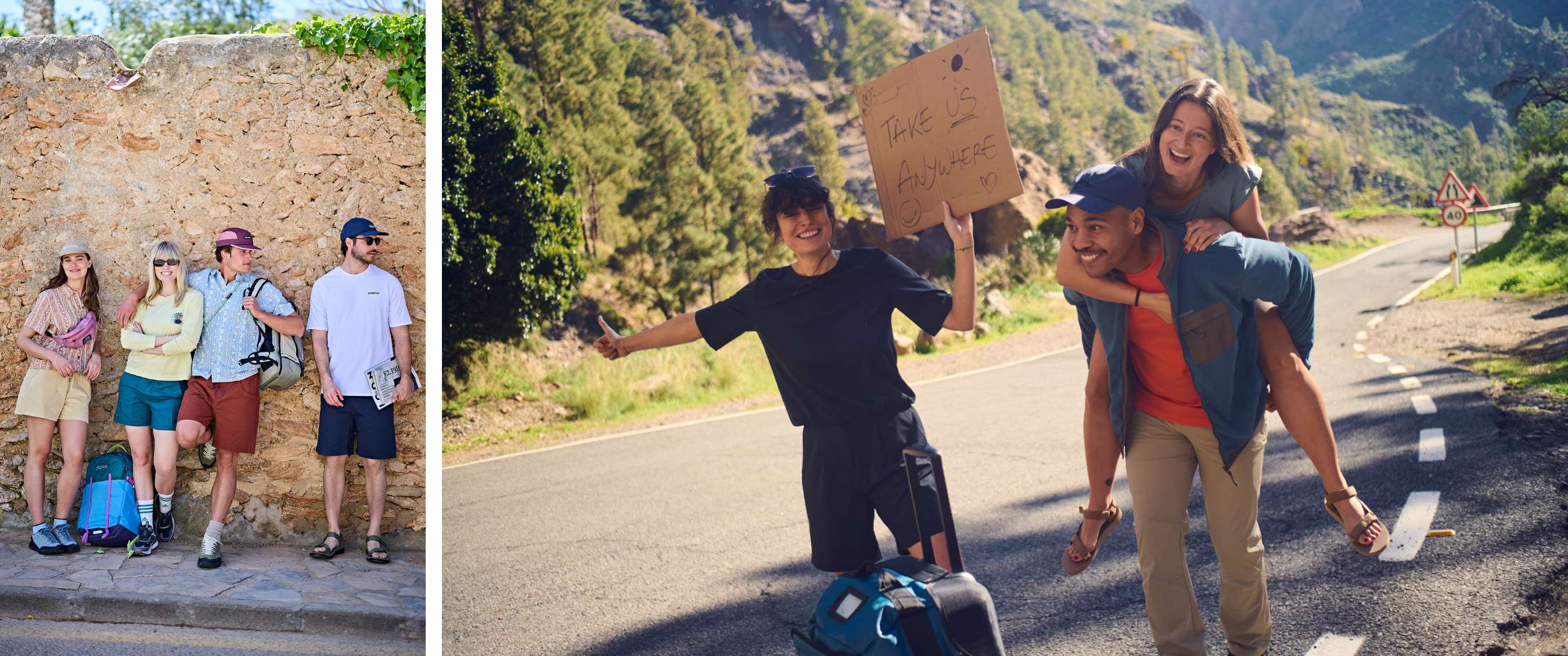 Deux images : groupe d’amis attendant avec sacs à dos et bagages ; voyageurs s’amusant au bord de la route avec un panneau en carton