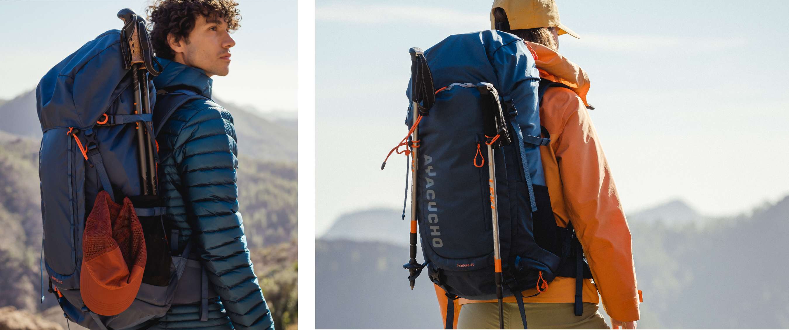 Deux images : personne avec sac à dos de randonnée bleu et bâtons ; personne de dos avec sac bleu en montagne