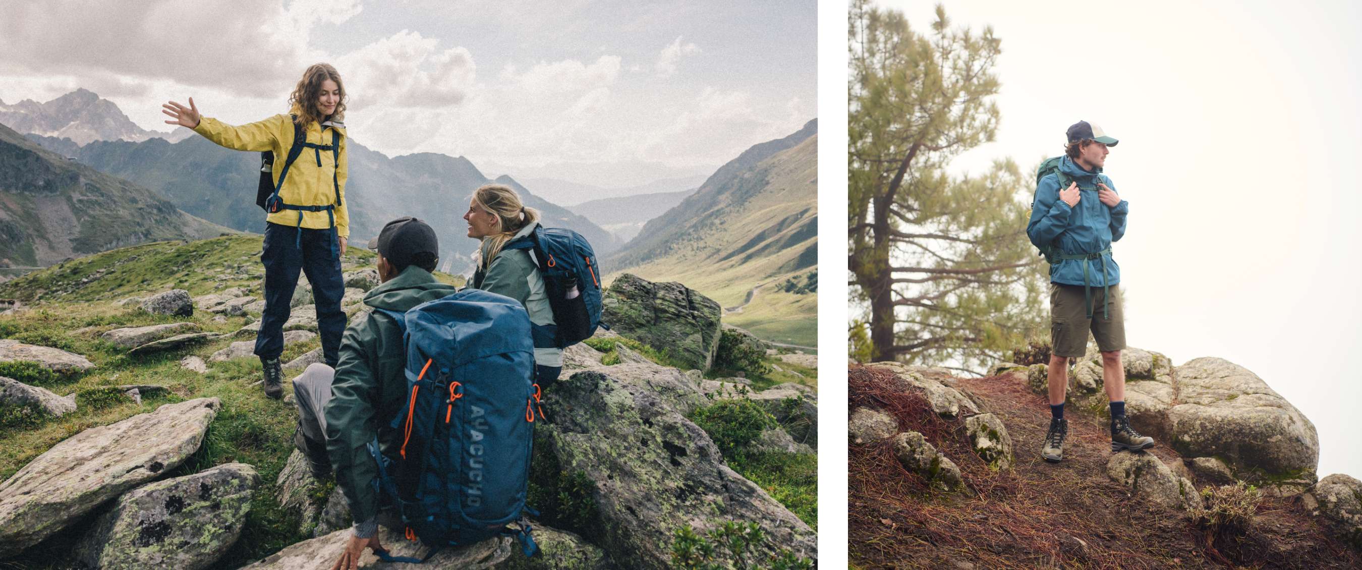 Deux images : trois randonneurs avec sacs à dos sur des rochers en montagne ; randonneur avec sac à dos debout sur un sentier rocheux