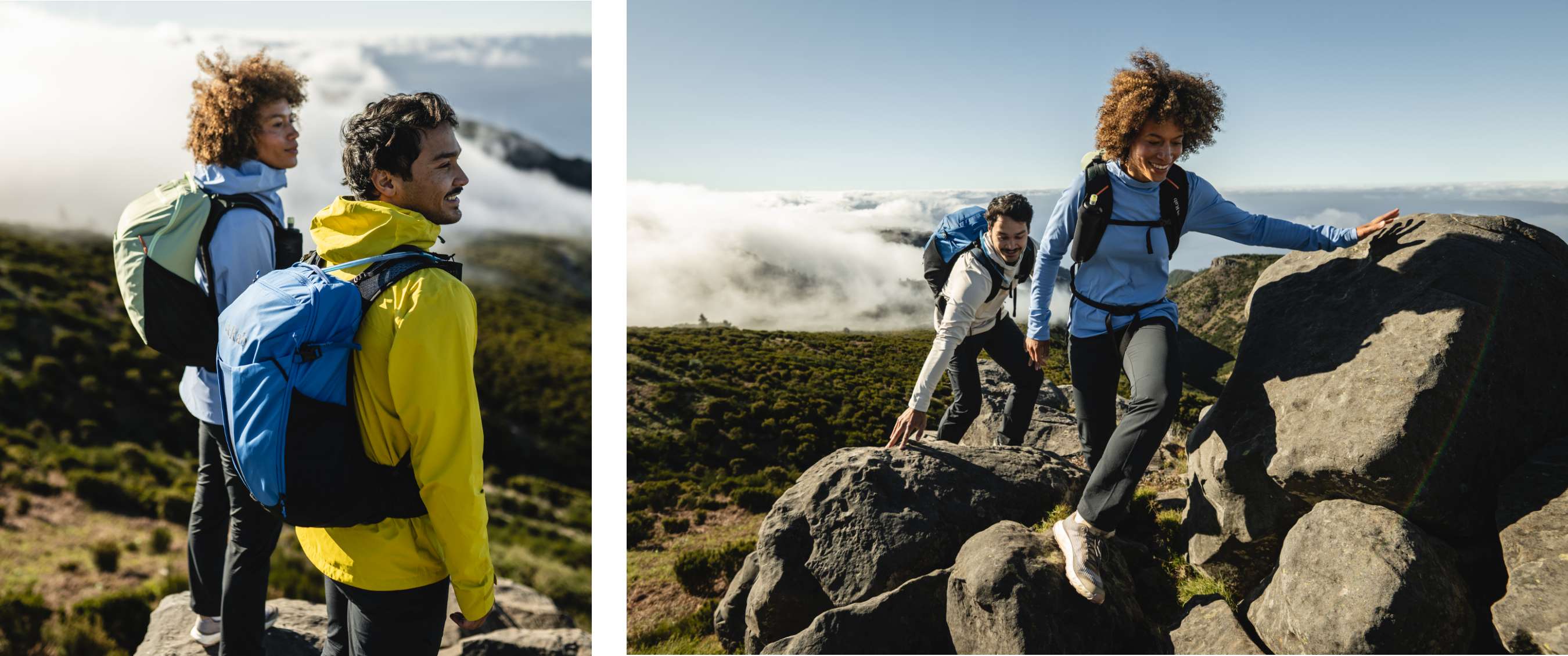 Deux images : duo avec sacs à dos Rab sur un point de vue élevé ; randonneurs avançant entre des blocs rocheux sur une pente