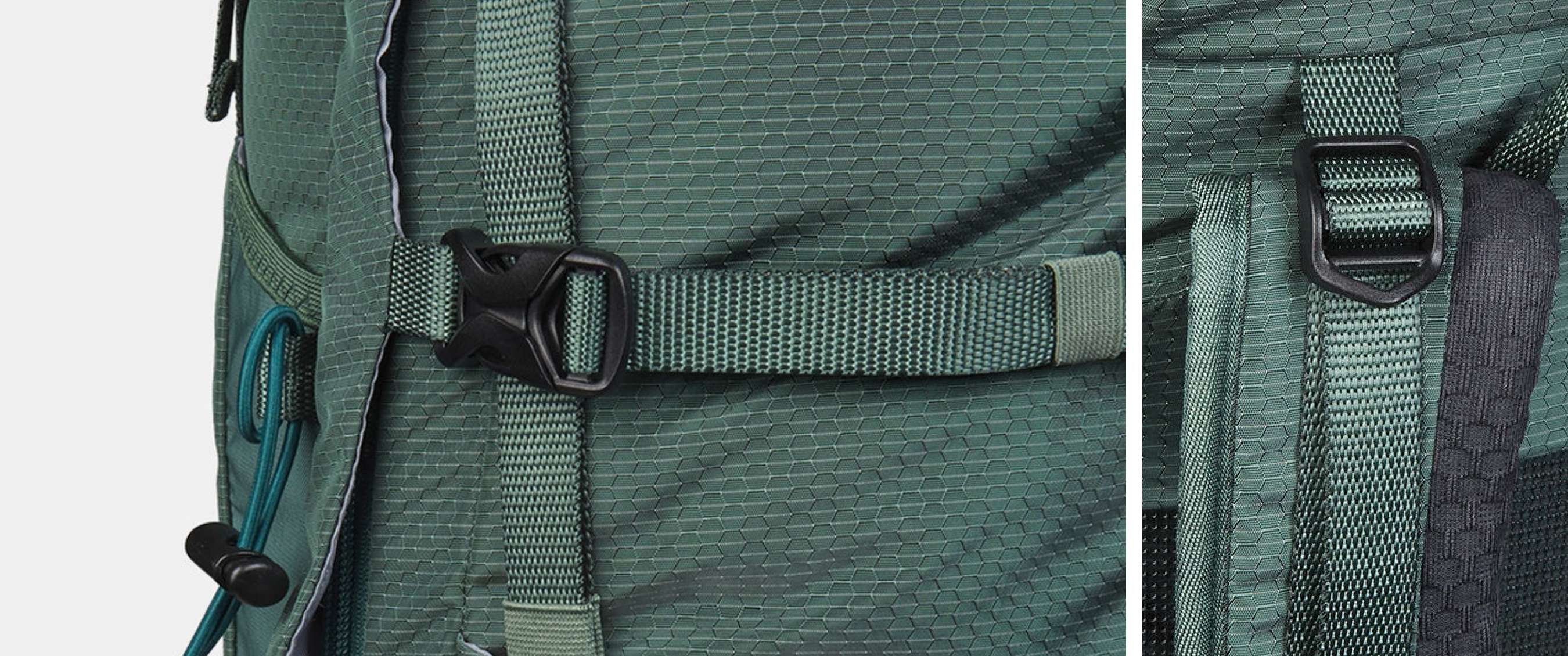 Deux images : sac à dos vert avec boucle à clic et détail d’une sangle réglable avec boucle de serrage.
