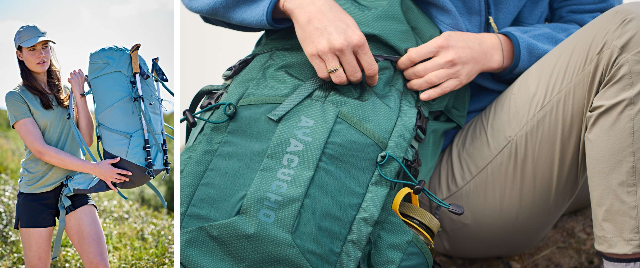Deux images : une personne présente dehors un sac bleu clair; des mains ferment un sac vert avec inscription.