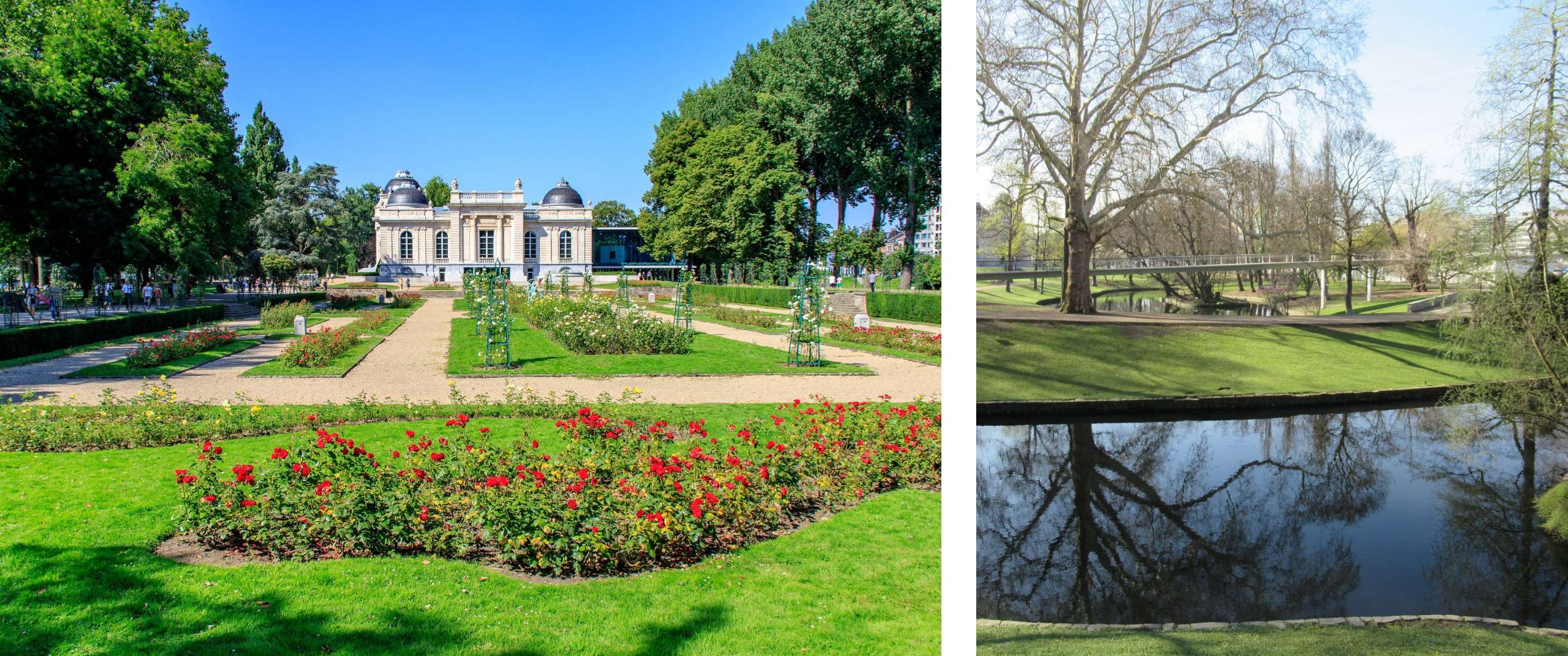 Deux images : Jardin avec parterres de fleurs et bâtiment classique dans un parc à Liège ; parc avec étang et passerelle.