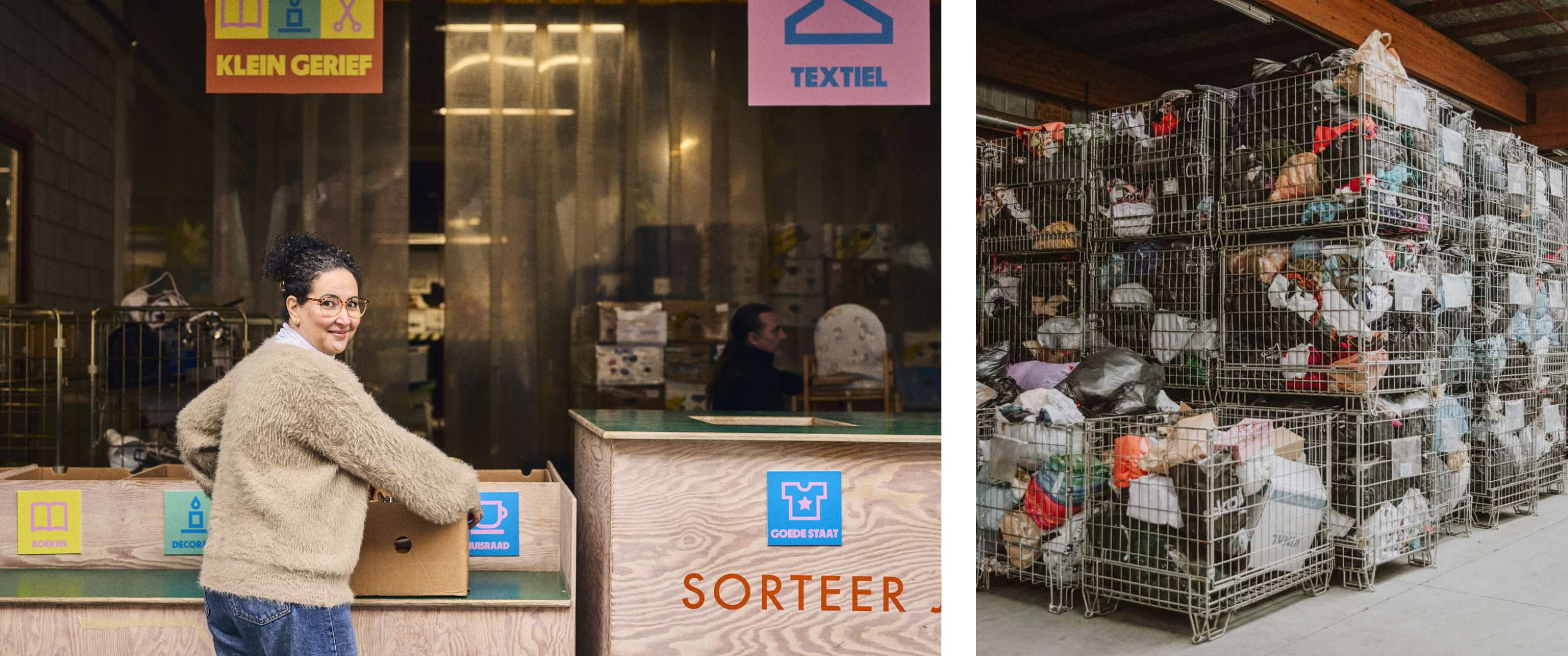 Deux images : Femme déposant une boîte à un point de tri avec panneaux « KLEIN GERIEF » et « TEXTIEL ». Cages remplies de sacs de vêtements collectés.