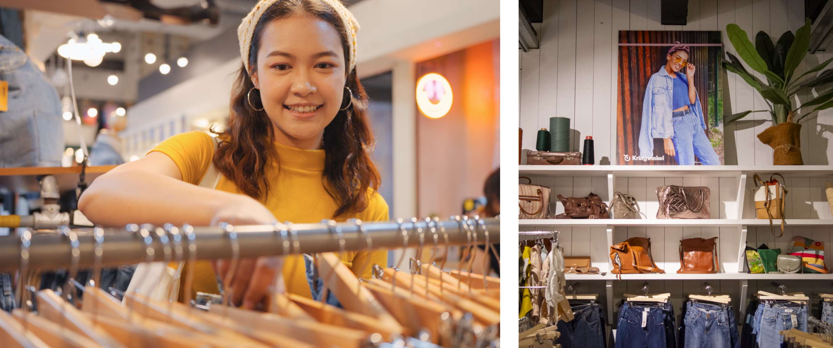 Deux images : Femme regardant des vêtements sur un portant en magasin de seconde main. Mur avec sacs et jeans sous affiche « Kringwinkel ».